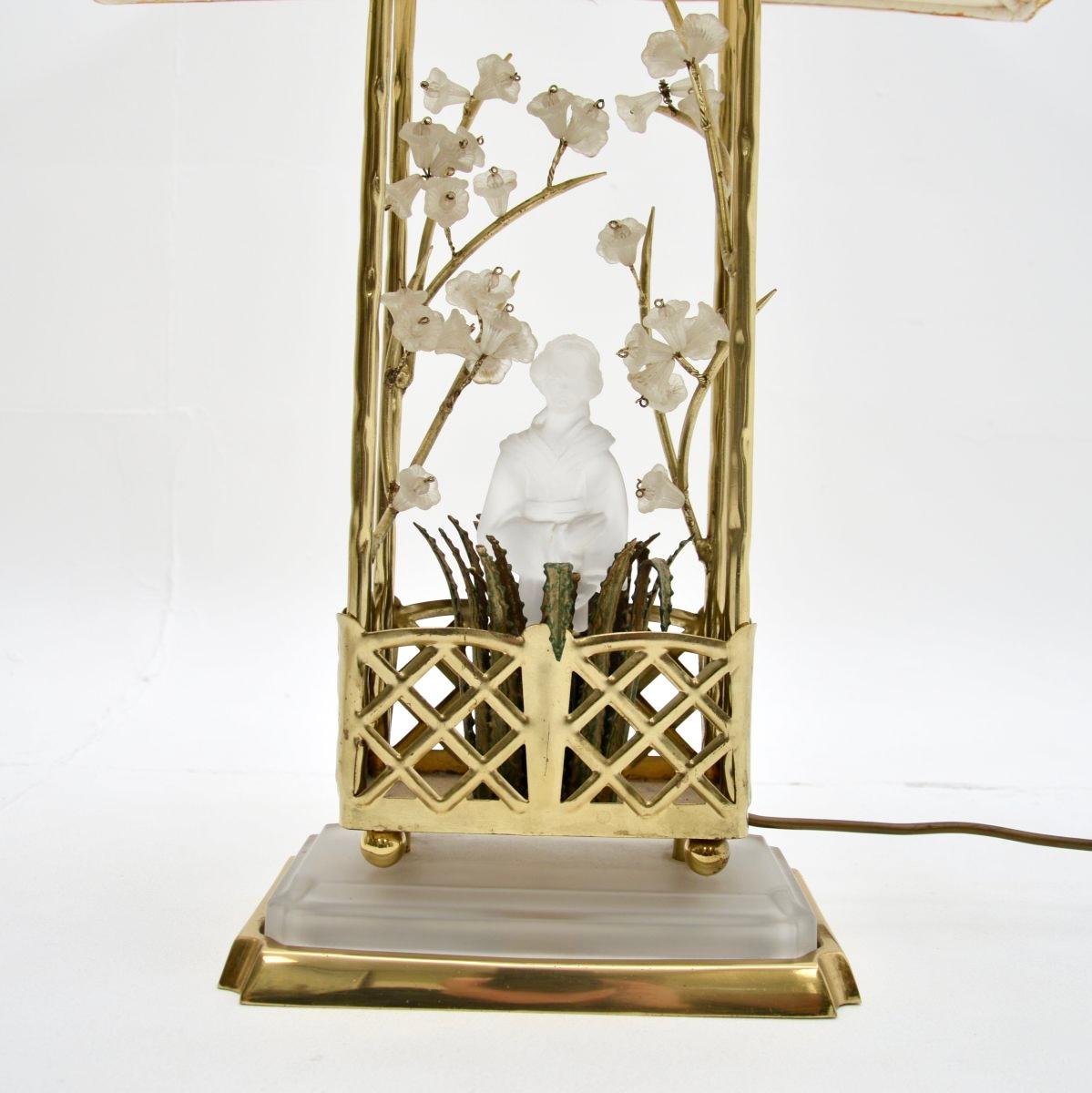 Pair of Vintage French Brass and Opaline Glass Table Lamps by Maison Bagues For Sale 1