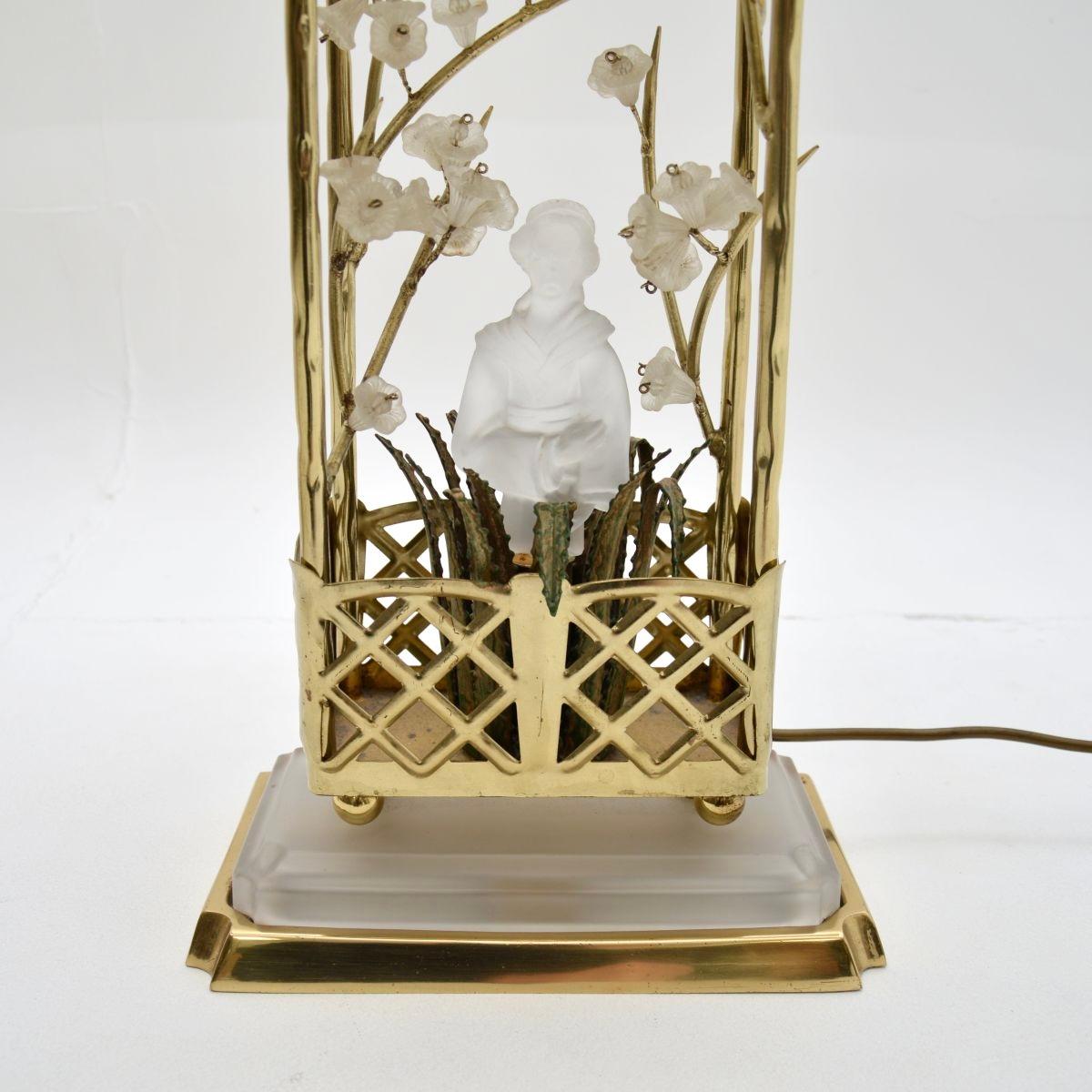 Pair of Vintage French Brass and Opaline Glass Table Lamps by Maison Bagues For Sale 3