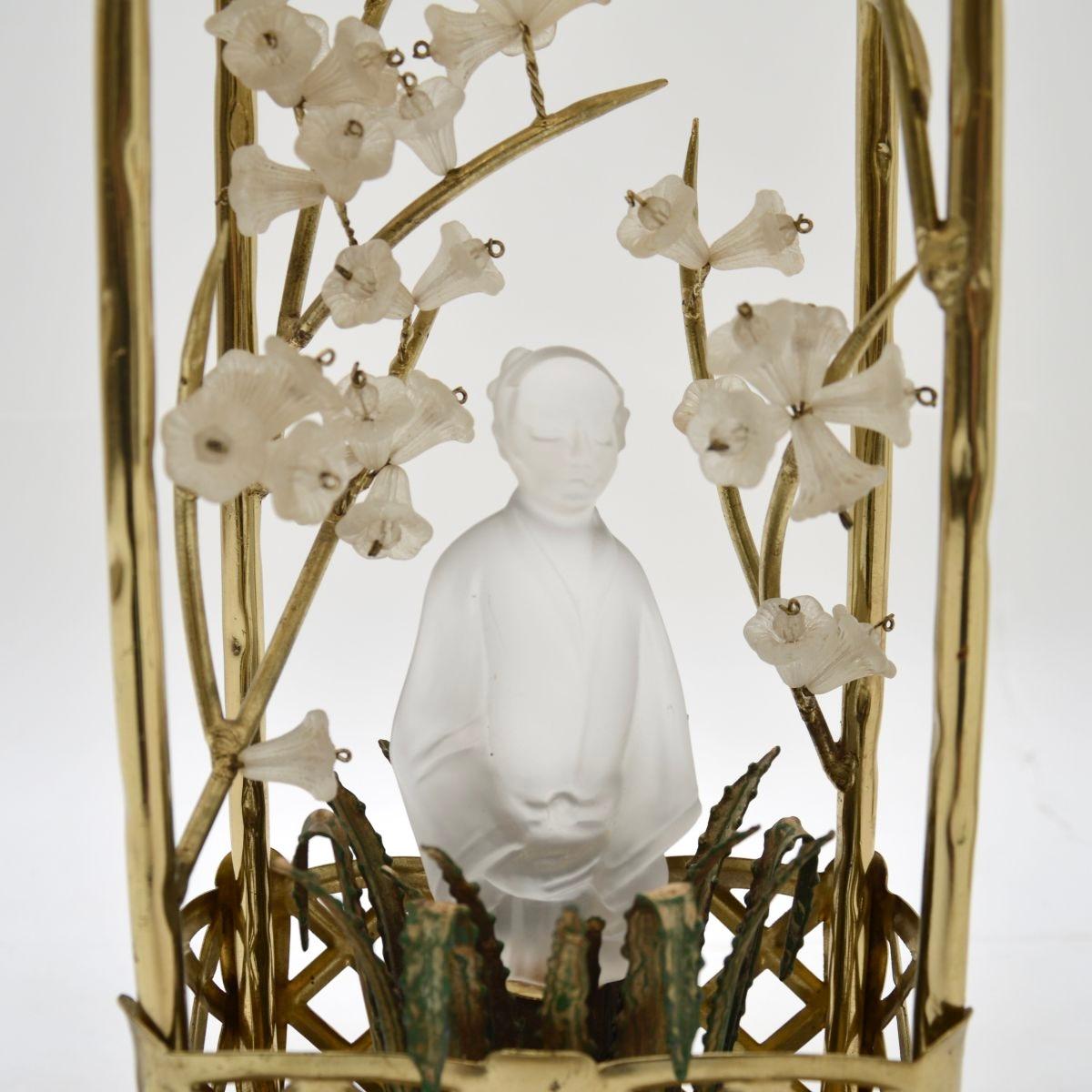Pair of Vintage French Brass and Opaline Glass Table Lamps by Maison Bagues For Sale 4