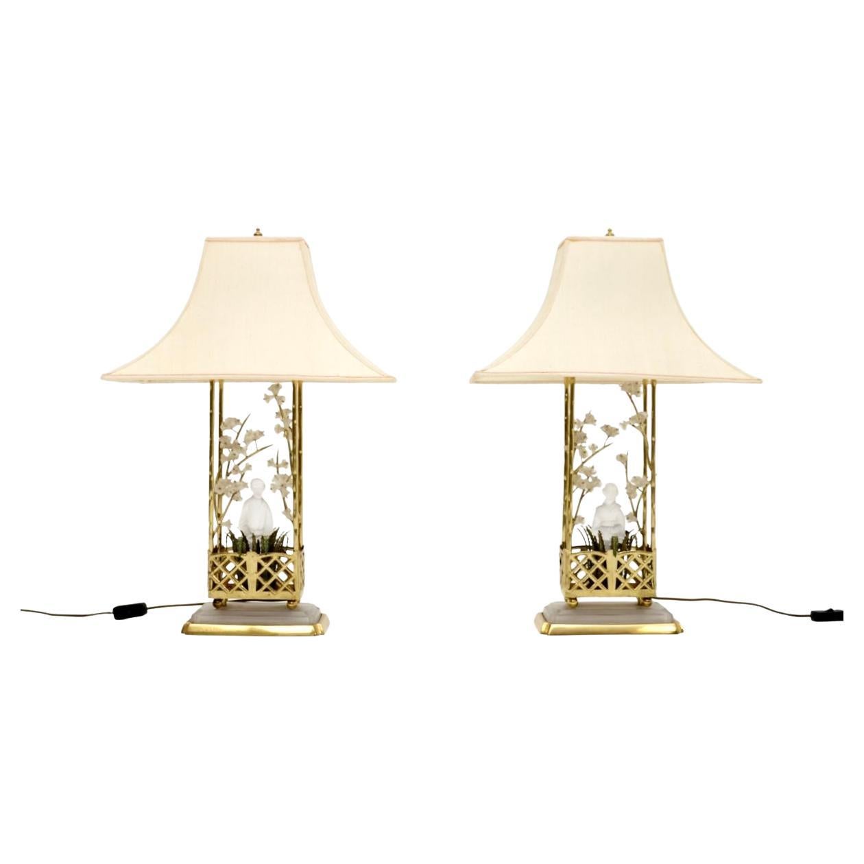 Pair of Vintage French Brass and Opaline Glass Table Lamps by Maison Bagues