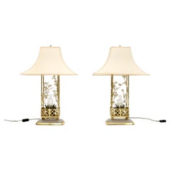 Pair of Vintage French Brass and Opaline Glass Table Lamps by Maison Bagues