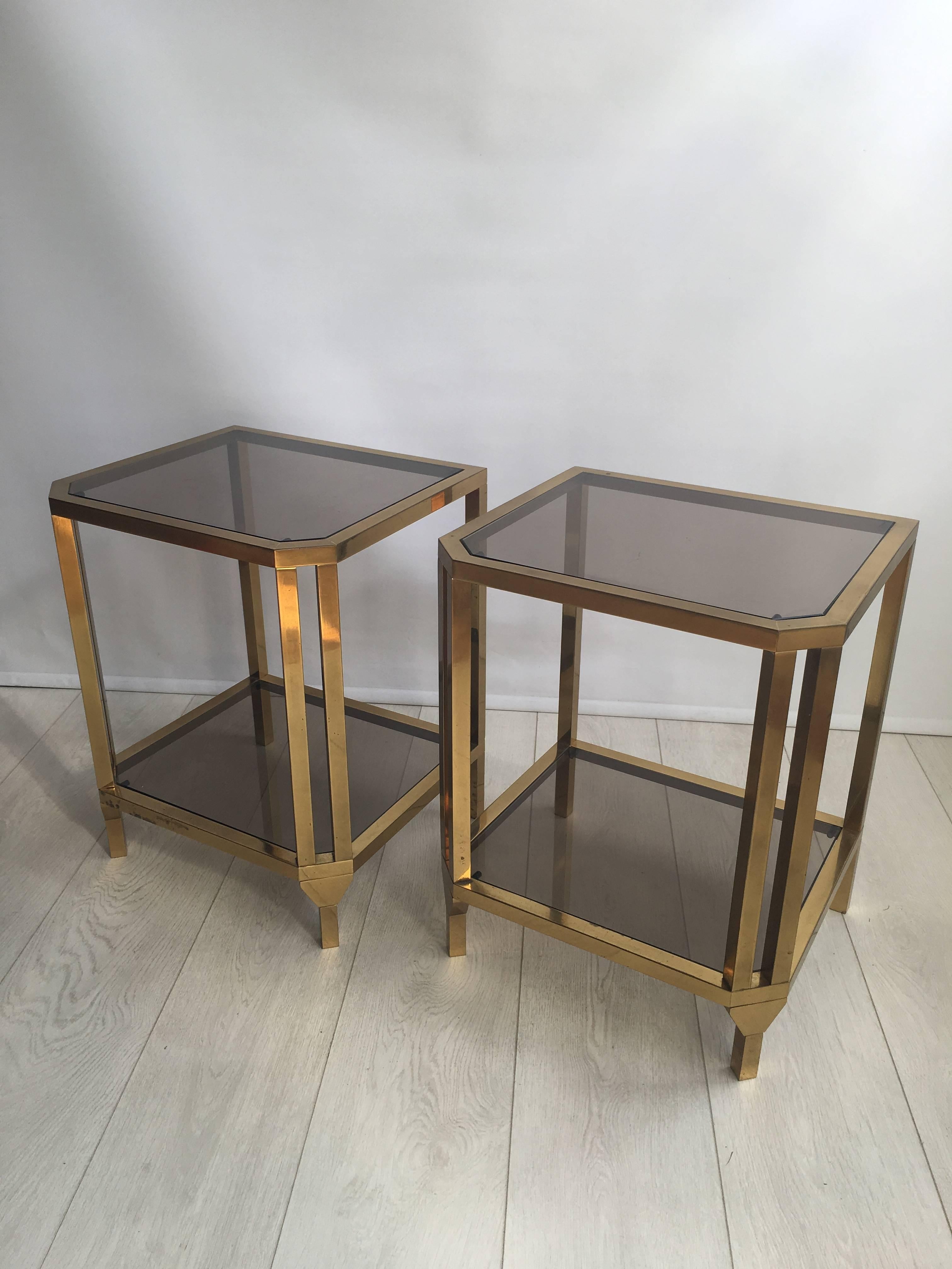 Hollywood Regency Pair of Vintage French Brass Bedside or Side Tables For Sale