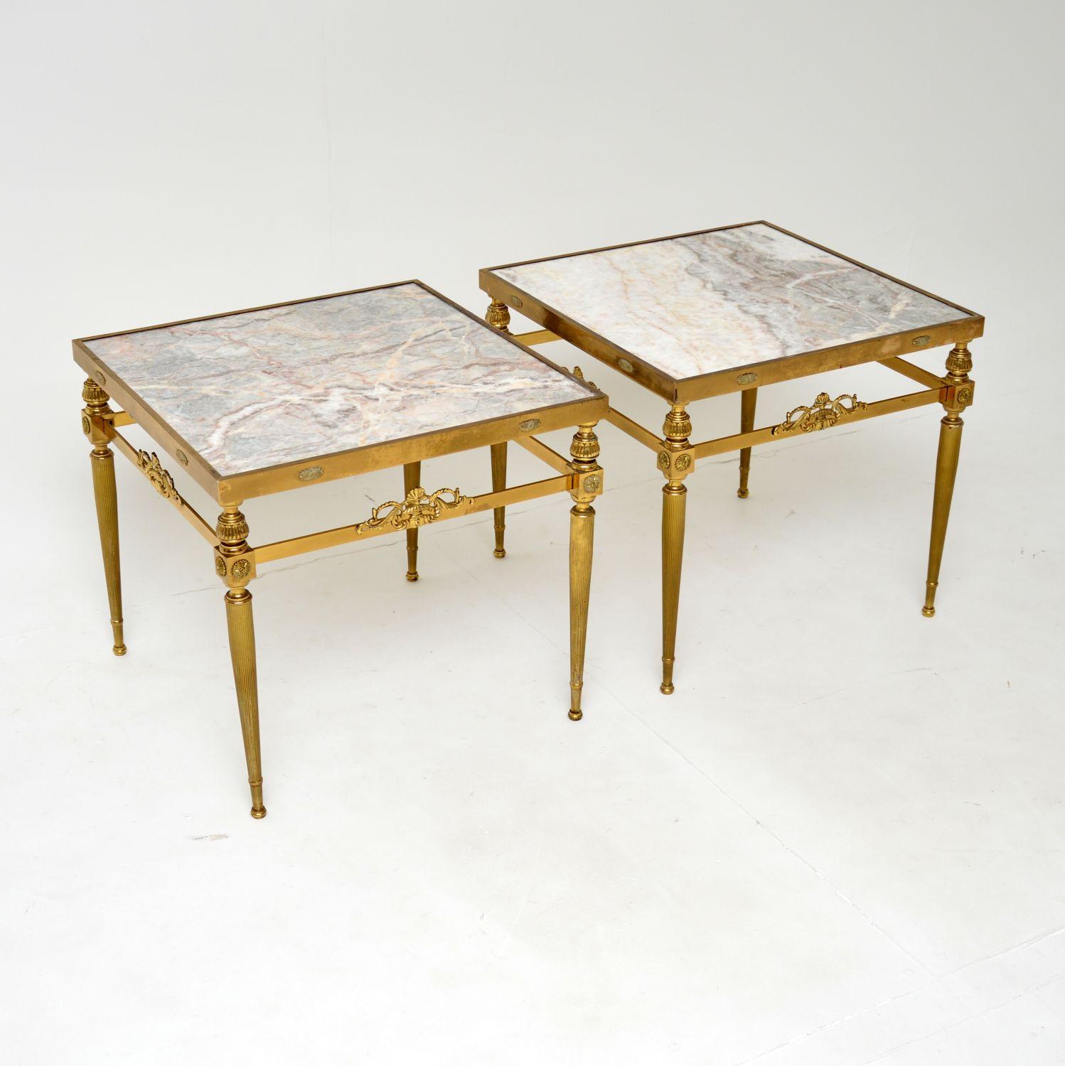 Mid-Century Modern Pair of Vintage French Brass & Marble Side Tables