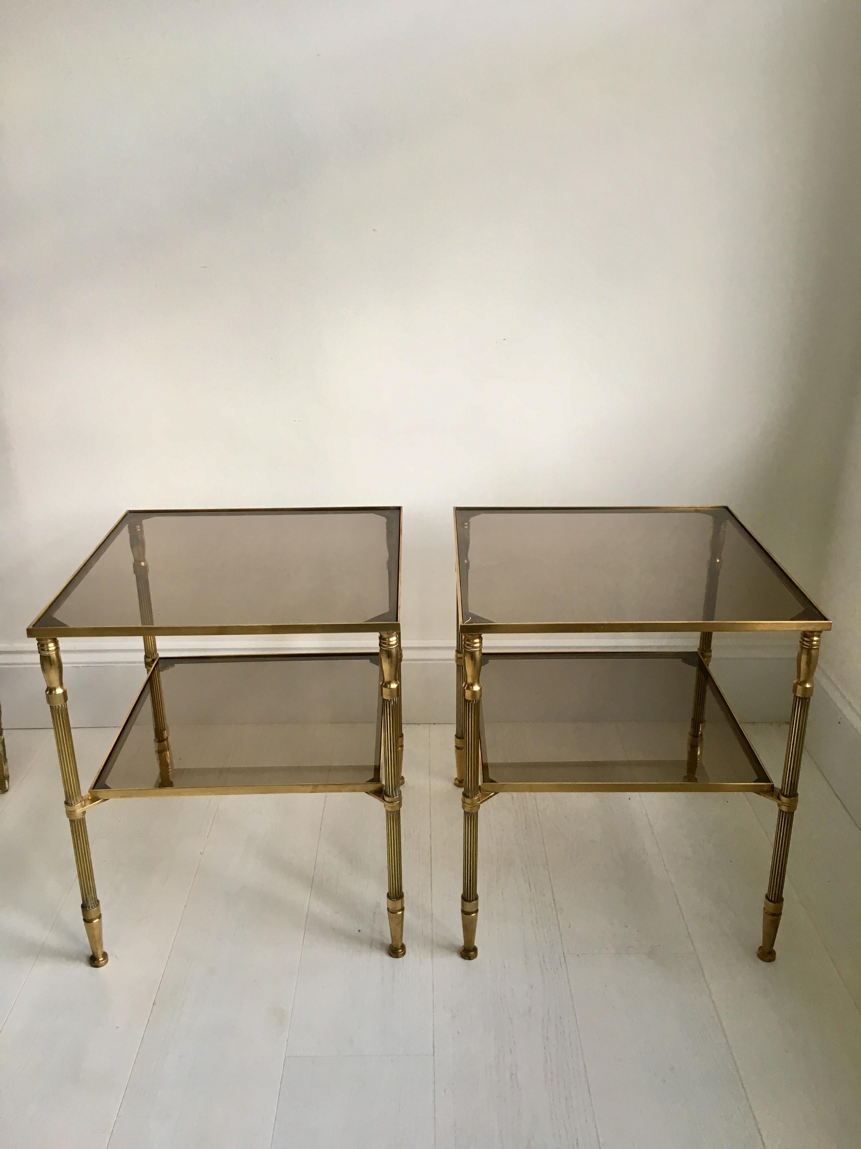Hollywood Regency Pair of Vintage French Brass Side Tables For Sale