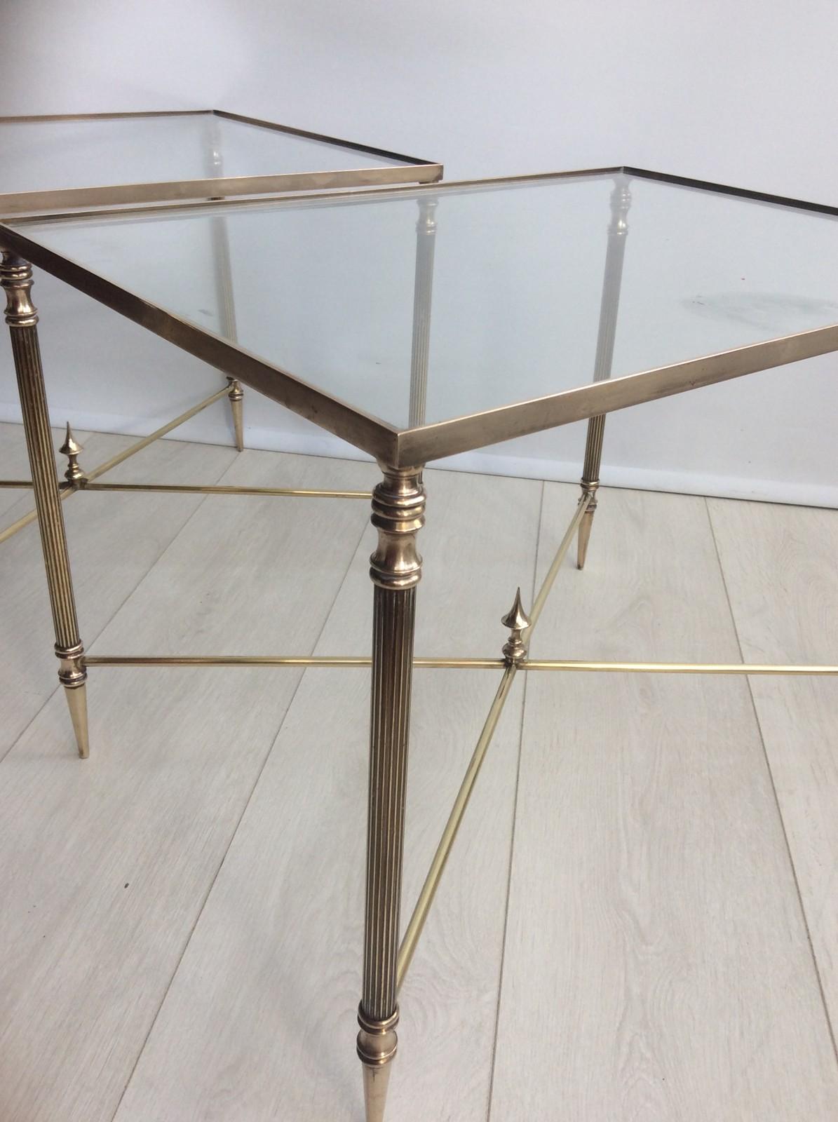 Polished Pair of Vintage French Brass Side Tables For Sale