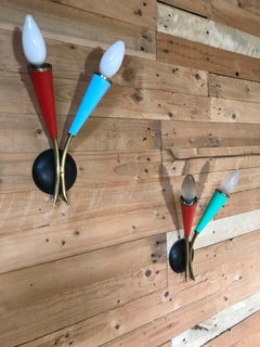 Pair of Vintage French Brass Wall Lights with Red & Blue Accents, 1950s