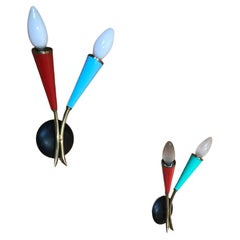 Pair of Vintage French Brass Wall Lights with Red & Blue Accents, 1950s