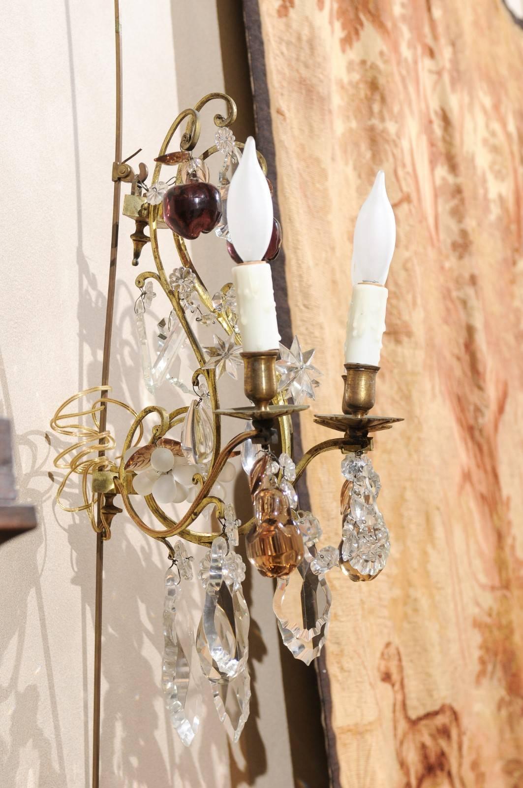 Pair of Vintage French Bronze and Crystal Sconces, circa 1950 For Sale 8