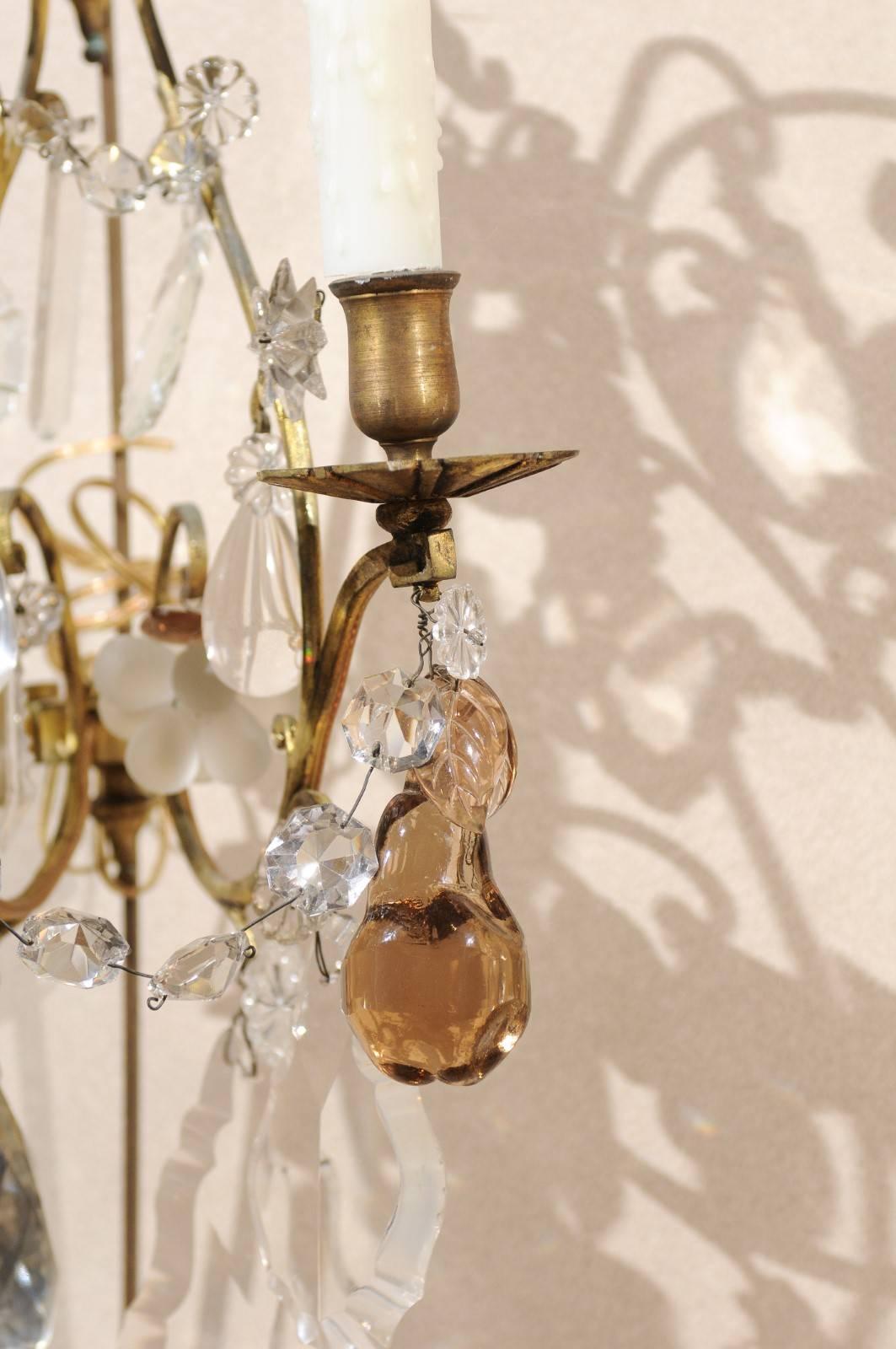 Pair of Vintage French Bronze and Crystal Sconces, circa 1950 For Sale 1