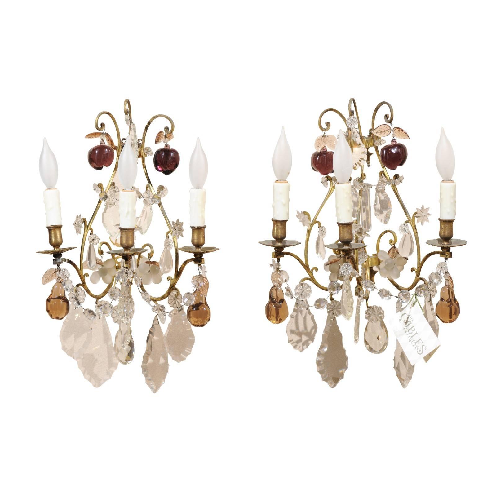Pair of Vintage French Bronze and Crystal Sconces, circa 1950 For Sale