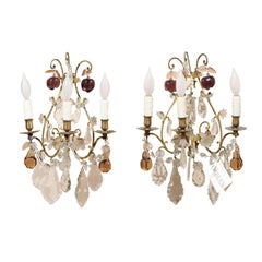 Pair of Vintage French Bronze and Crystal Sconces, circa 1950