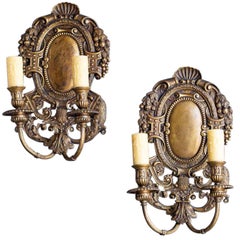 Pair of Vintage French Bronze Renaissance Louis XIV Style Shield Back Sconces