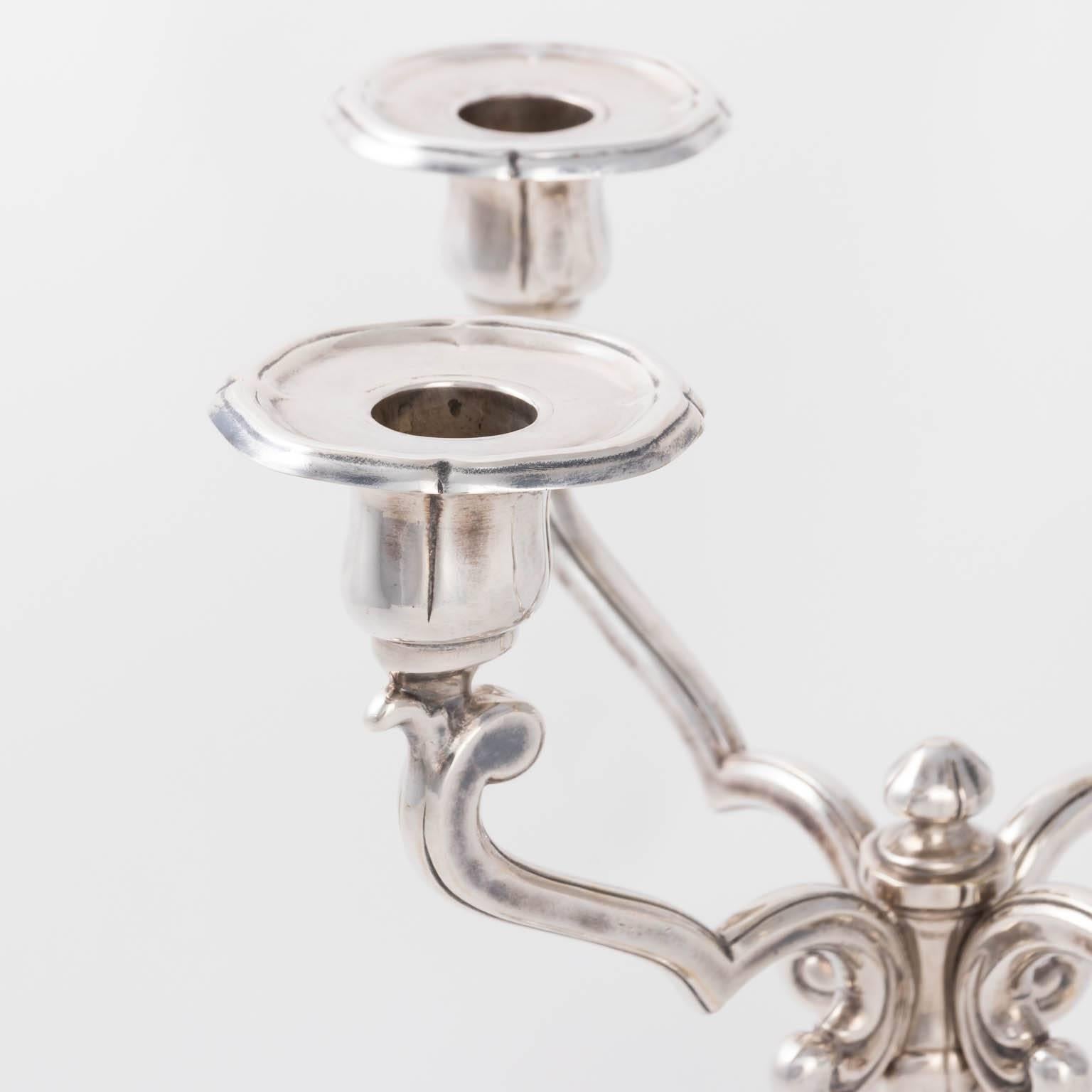 Pair of vintage four arm silver plated French candelabra, circa 1920. Marked 