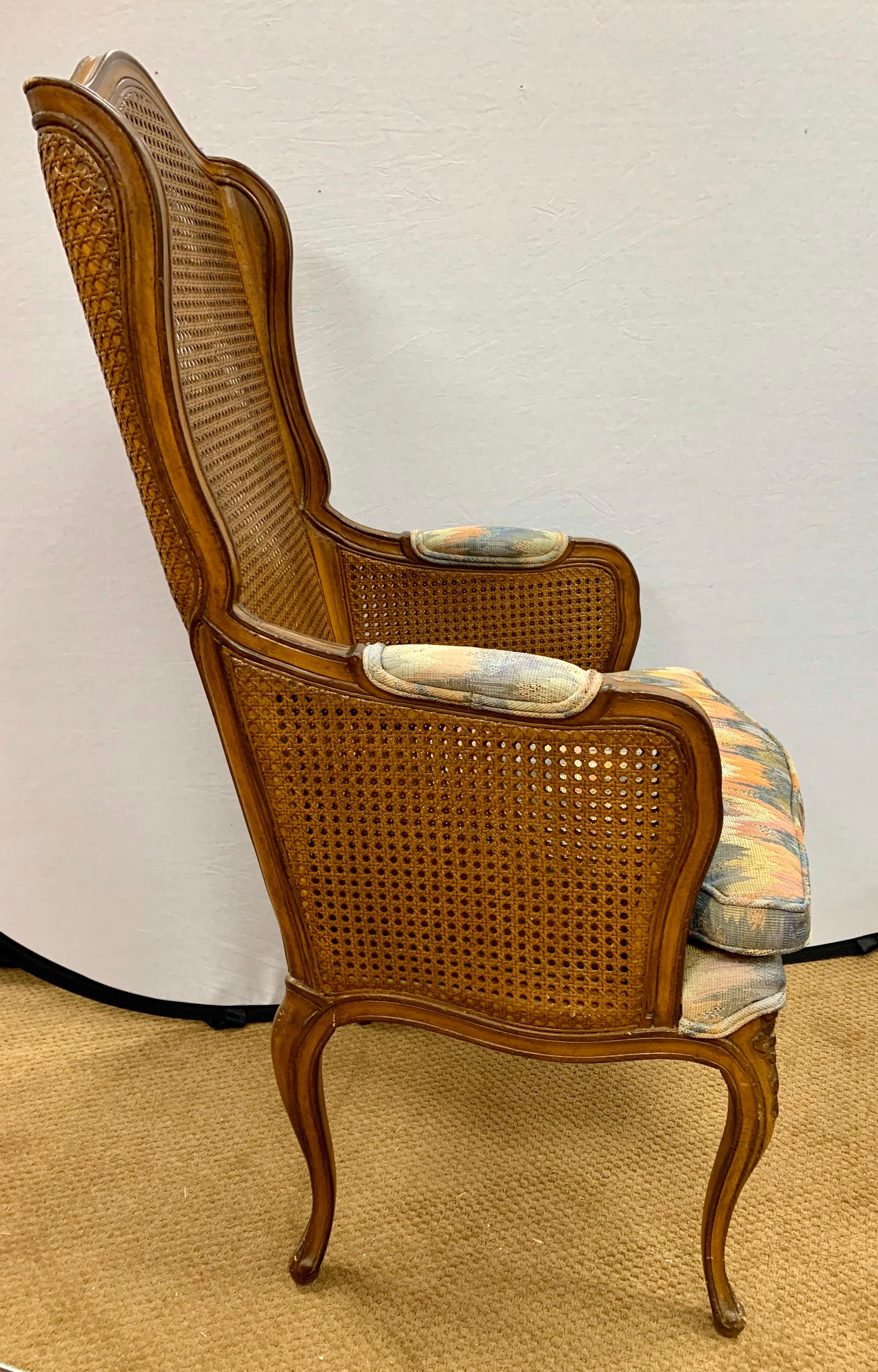 Fabric Pair of Vintage French Cane Wing Back Chairs