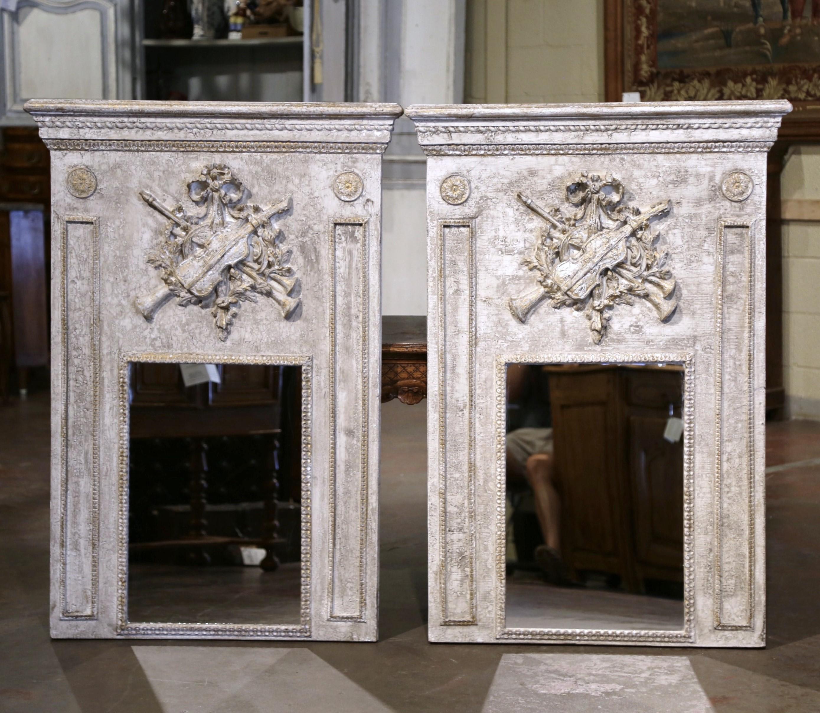 Pair of Vintage French Carved and Painted Trumeaux Mirrors from Normandy In Excellent Condition For Sale In Dallas, TX