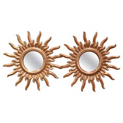 Pair of Vintage French Carved Giltwood Painted Sunburst Mirrors
