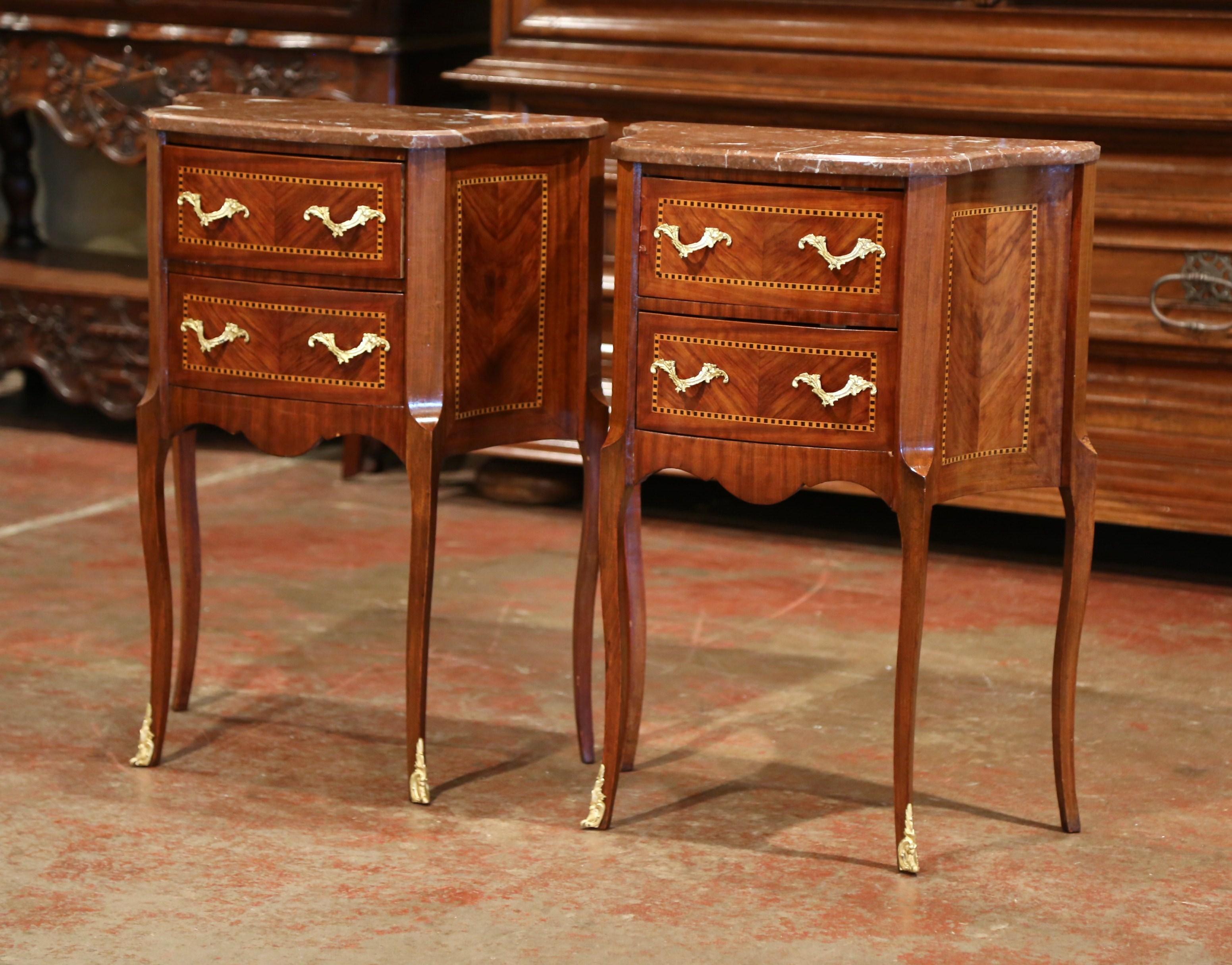 Pair of Vintage French Carved Marquetry Walnut Nightstands with Red Marble Top In Excellent Condition In Dallas, TX