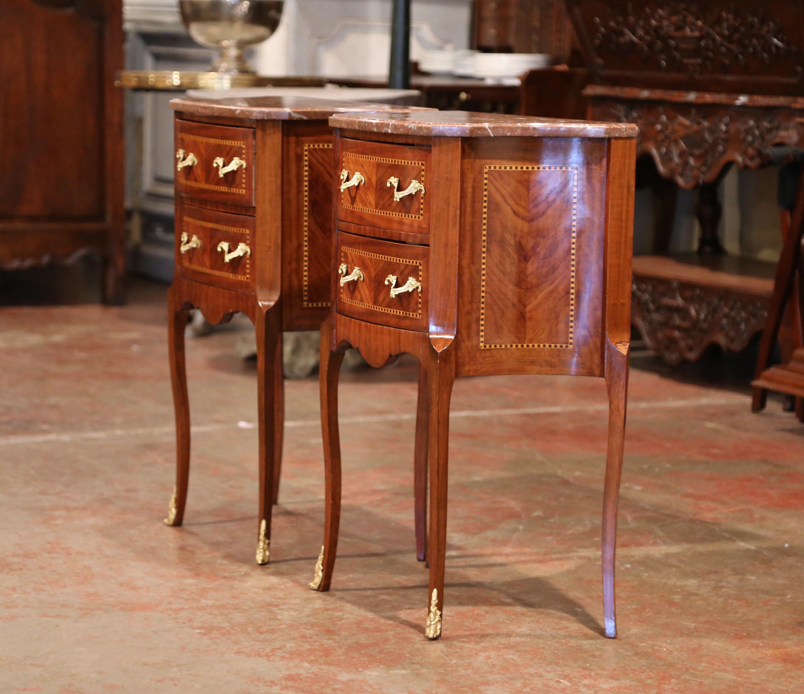 20th Century Pair of Vintage French Carved Marquetry Walnut Nightstands with Red Marble Top