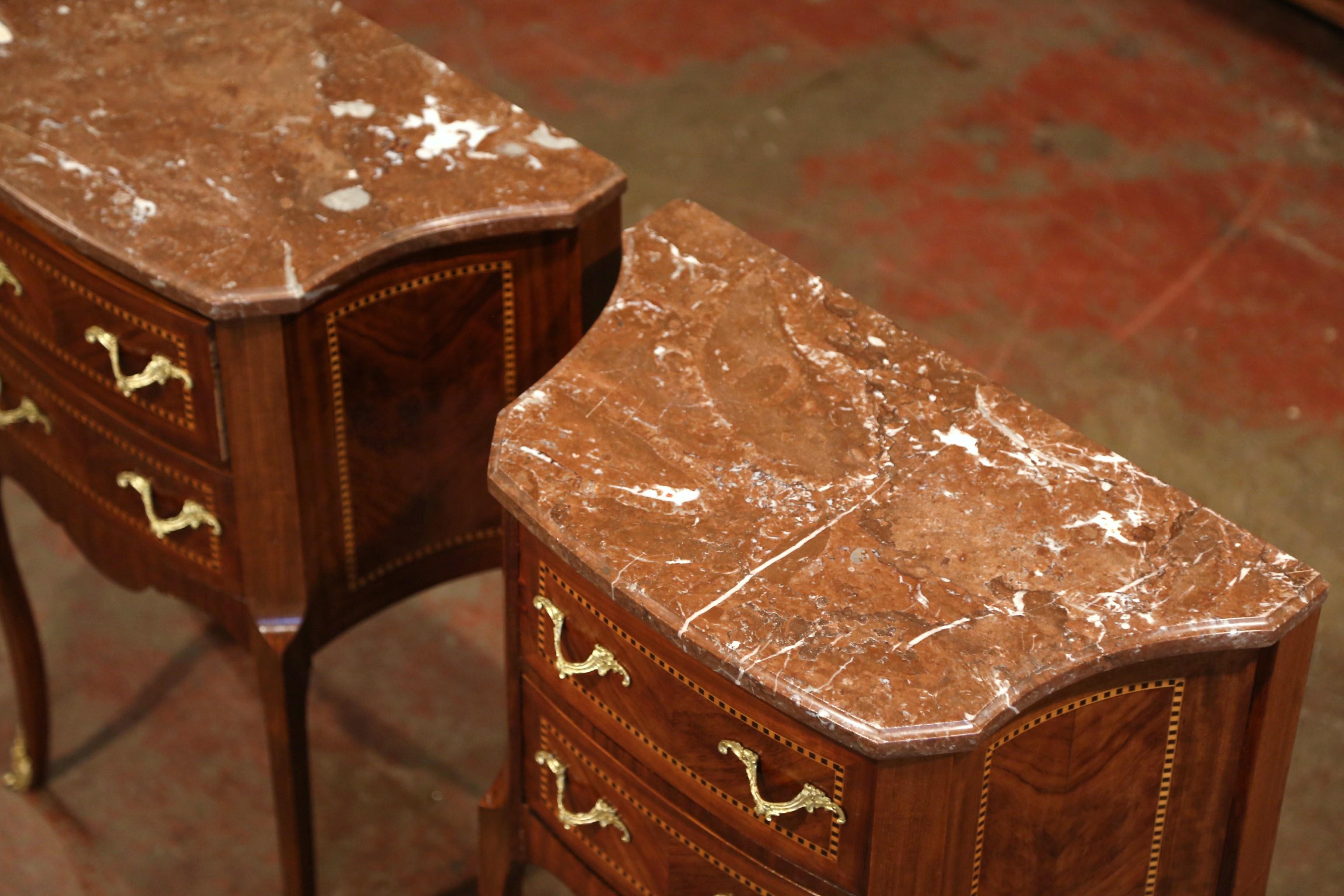 Bronze Pair of Vintage French Carved Marquetry Walnut Nightstands with Red Marble Top