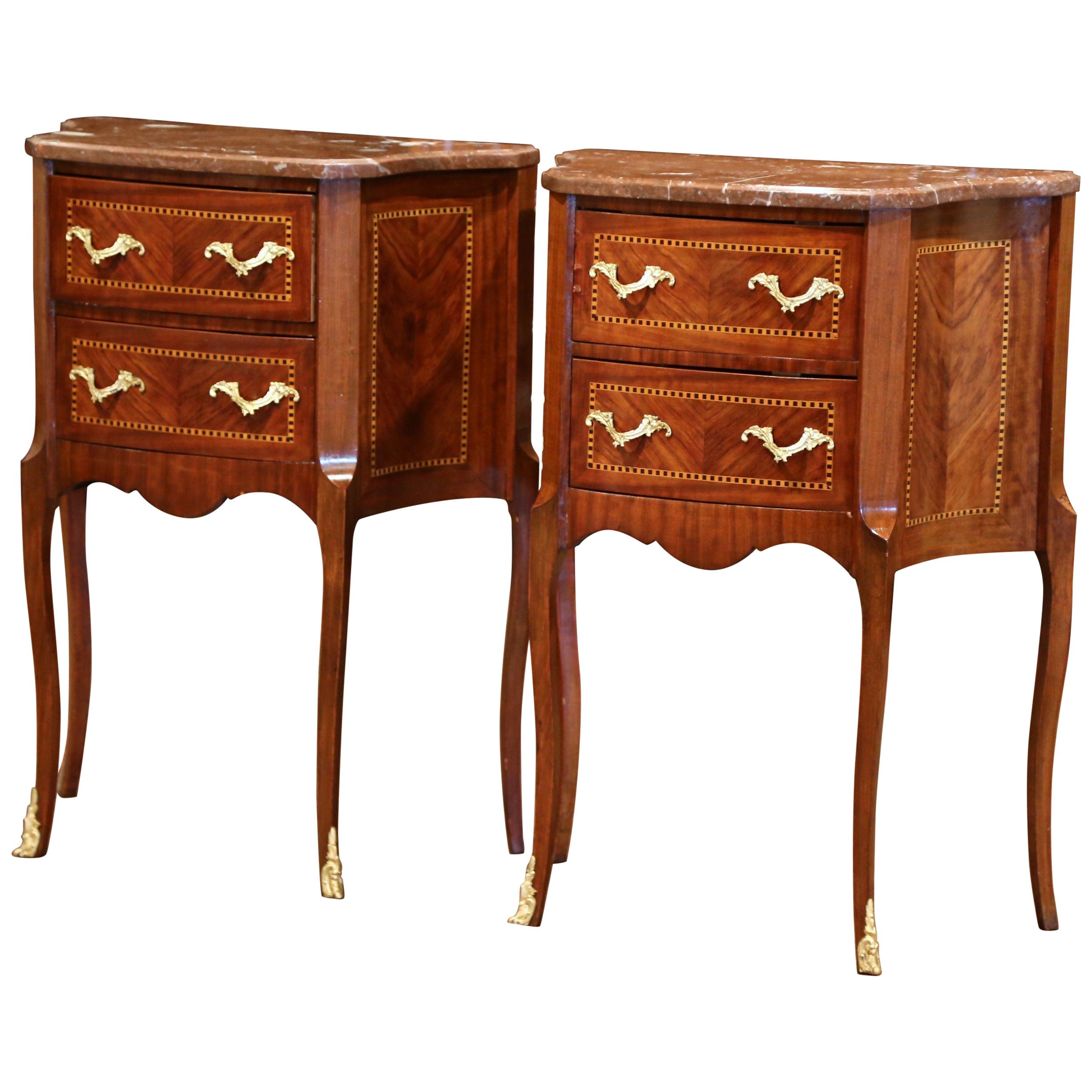 Pair of Vintage French Carved Marquetry Walnut Nightstands with Red Marble Top