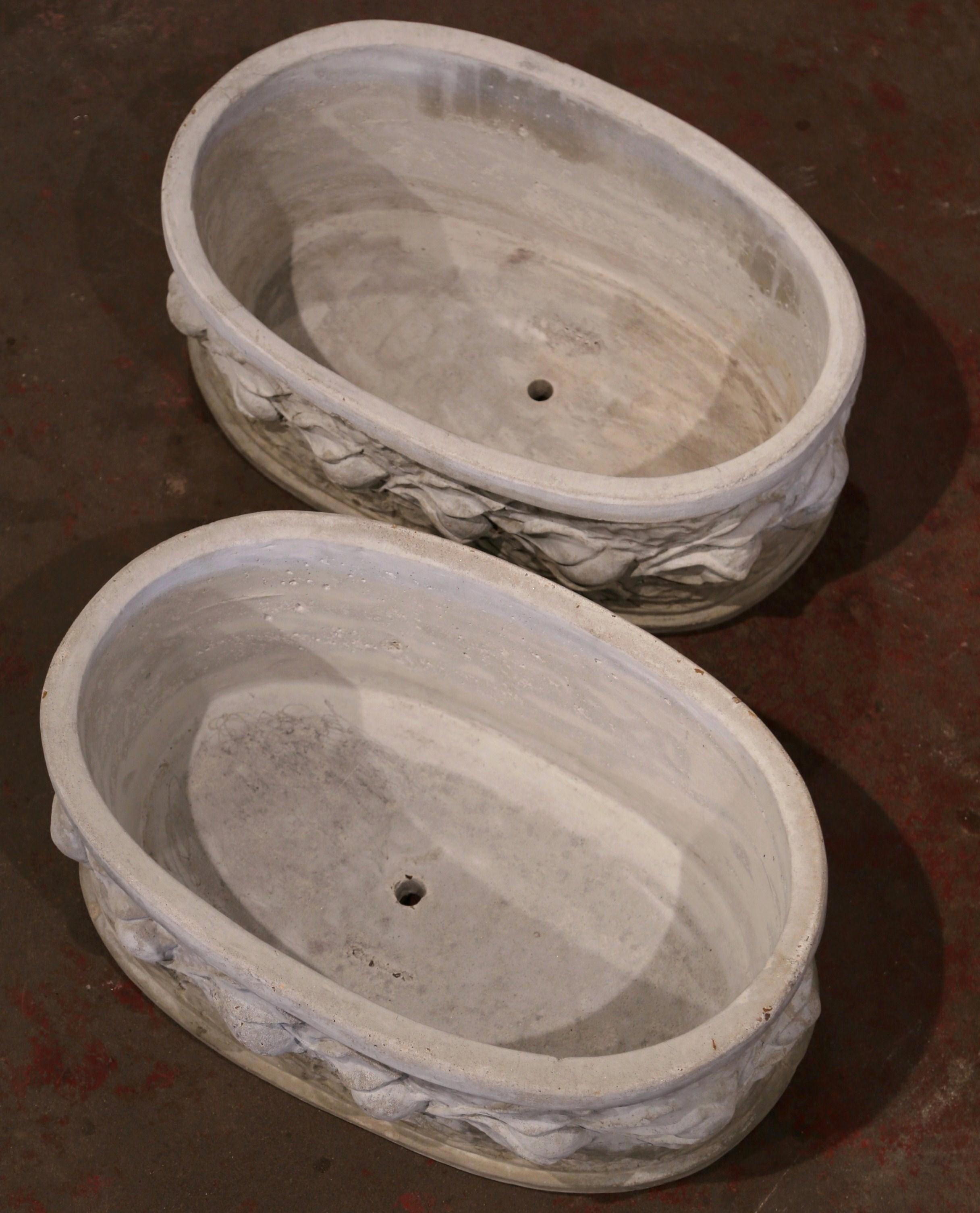 Pair of Vintage French Carved Oval Concrete Planters with Lemon and Leaf Decor In Excellent Condition In Dallas, TX