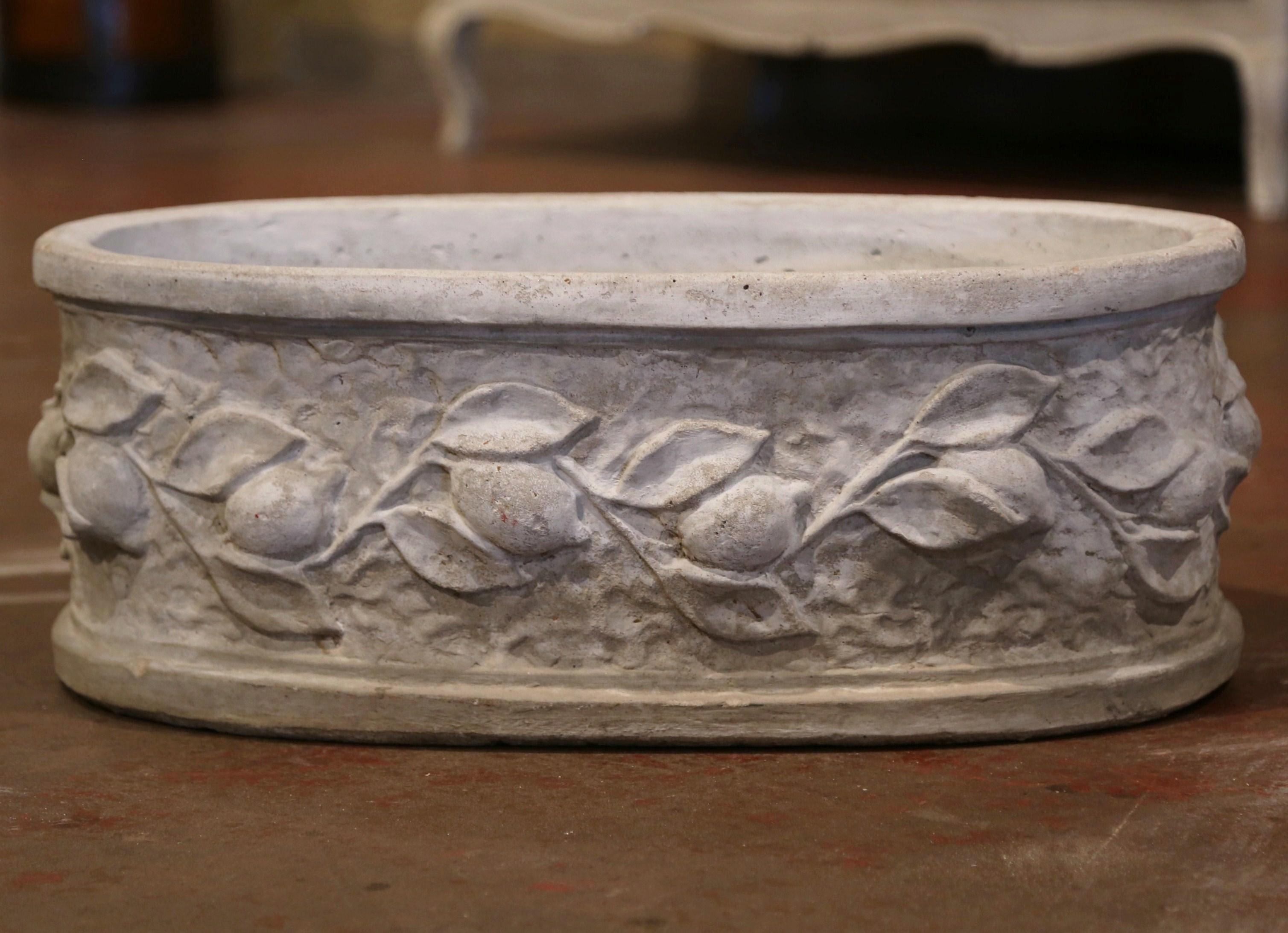 20th Century Pair of Vintage French Carved Oval Concrete Planters with Lemon and Leaf Decor