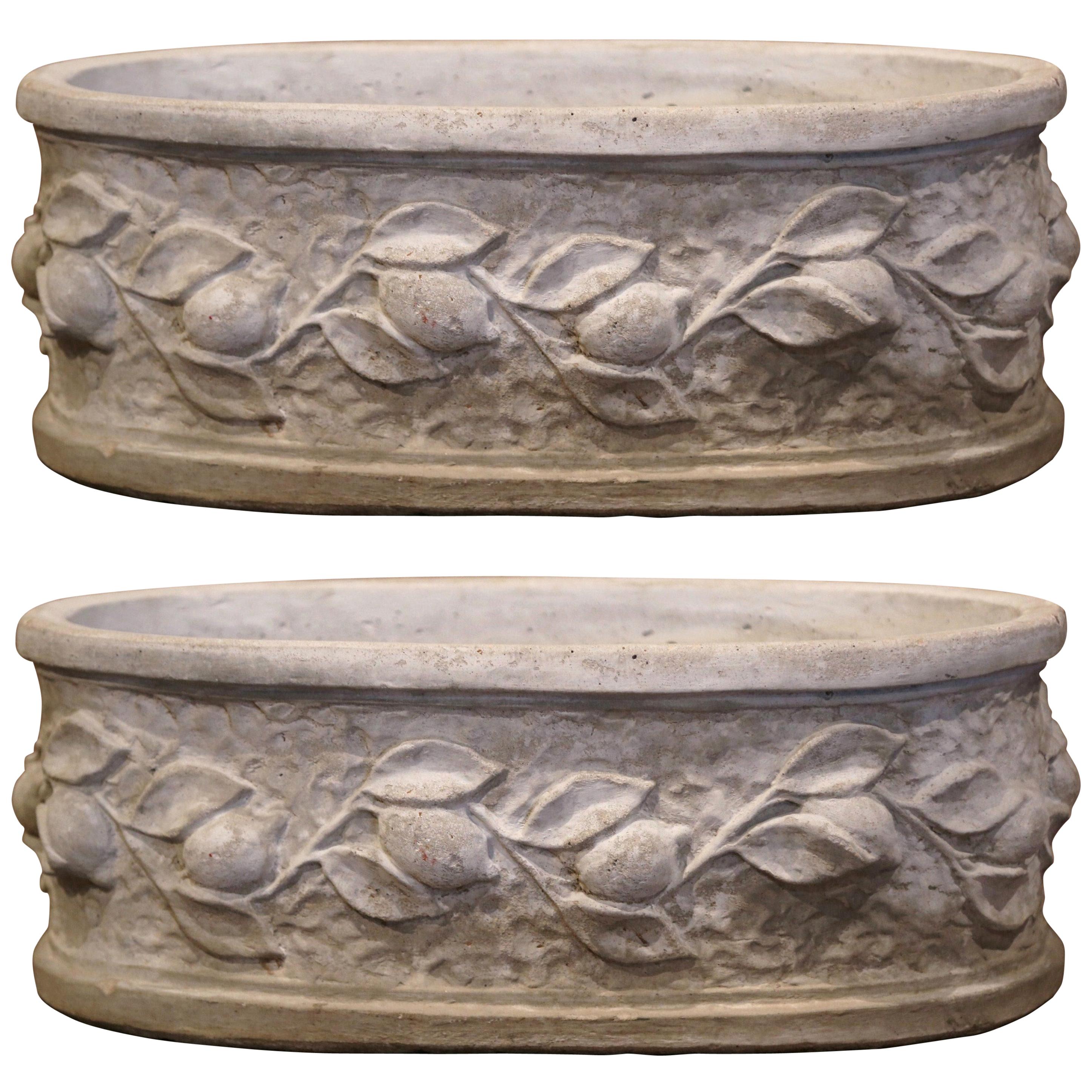 Pair of Vintage French Carved Oval Concrete Planters with Lemon and Leaf Decor