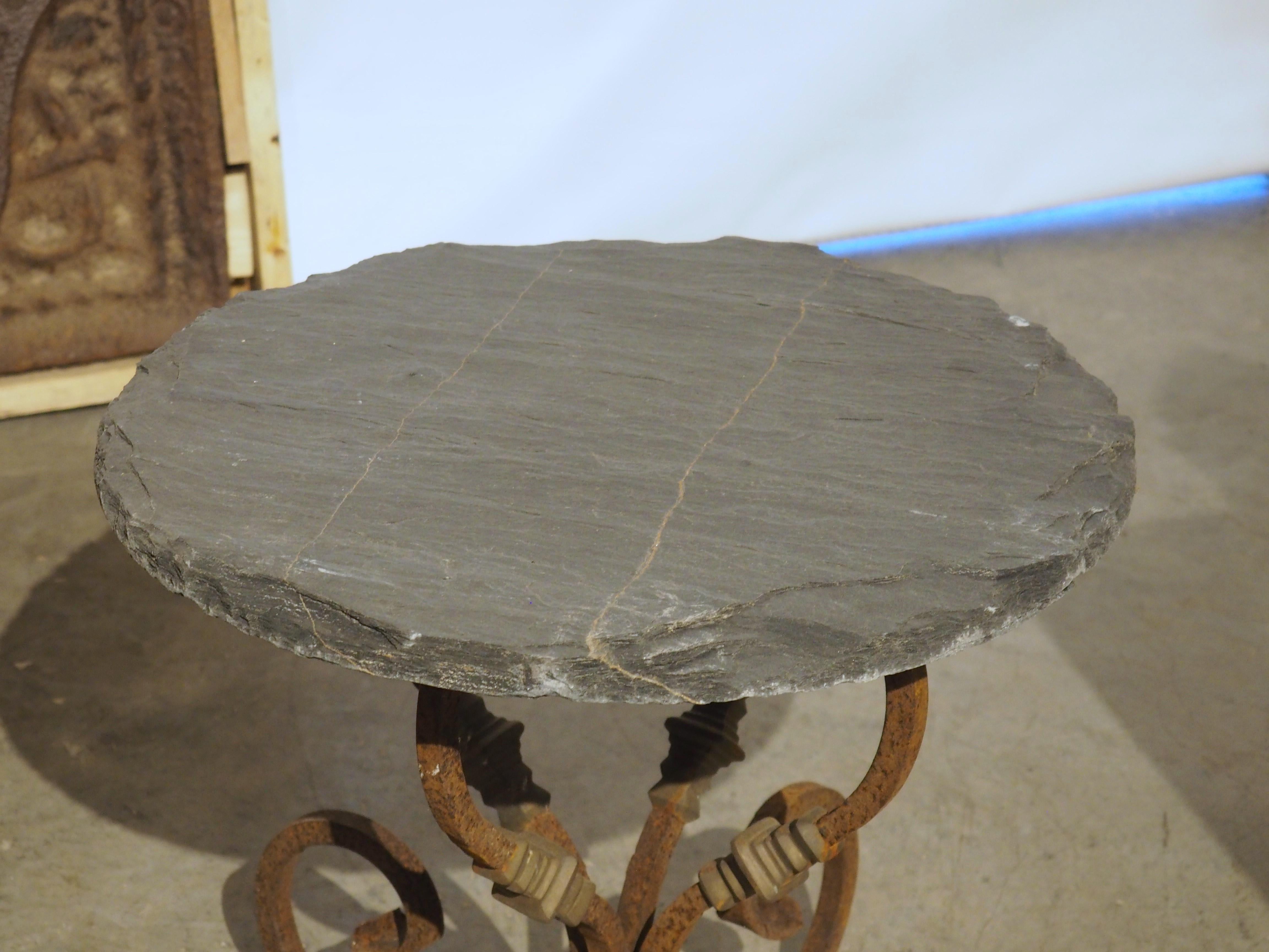 Hand-Carved Pair of Vintage French Cast Iron and Slate Top Garden Tables
