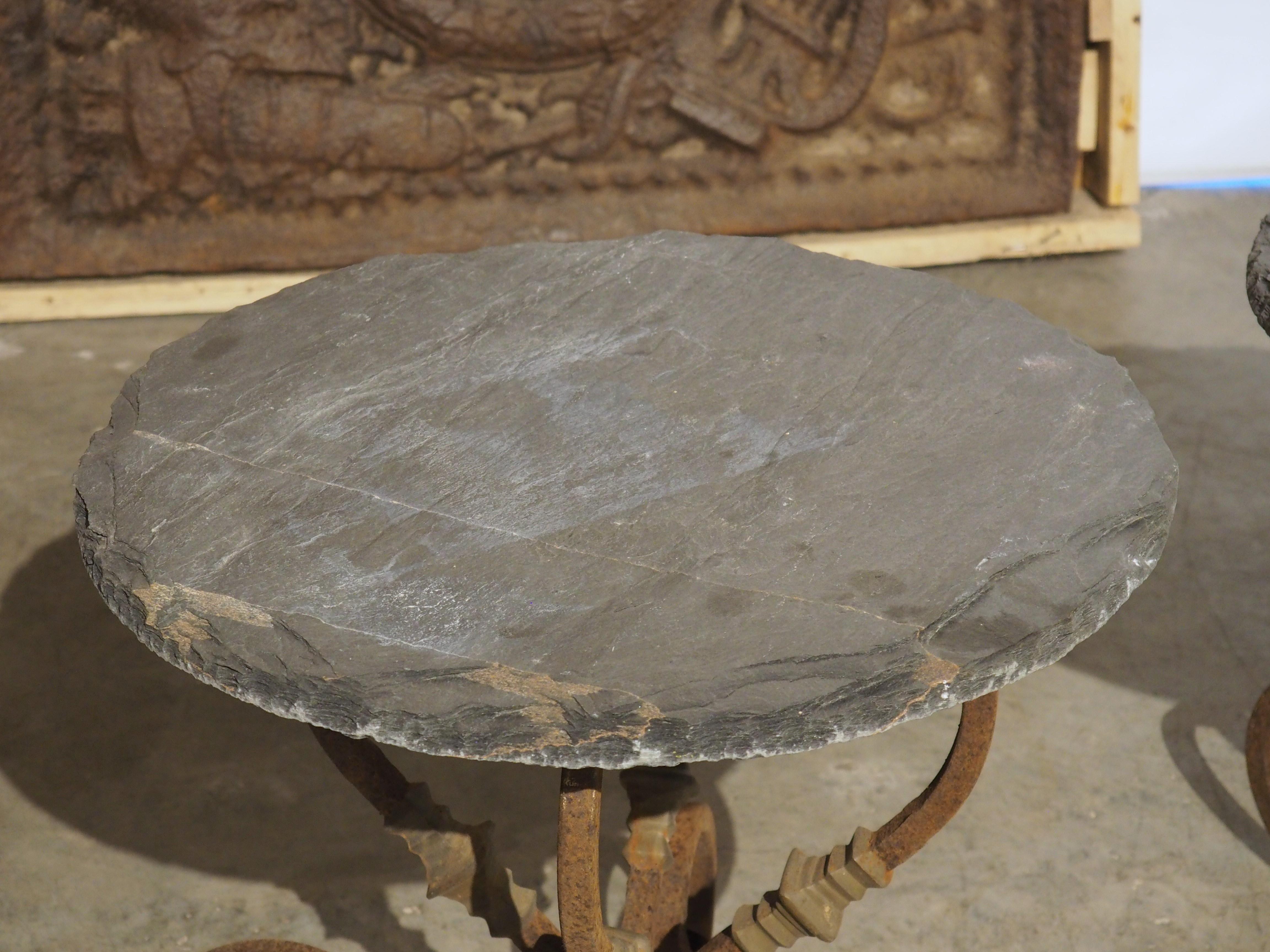 Pair of Vintage French Cast Iron and Slate Top Garden Tables In Good Condition In Dallas, TX