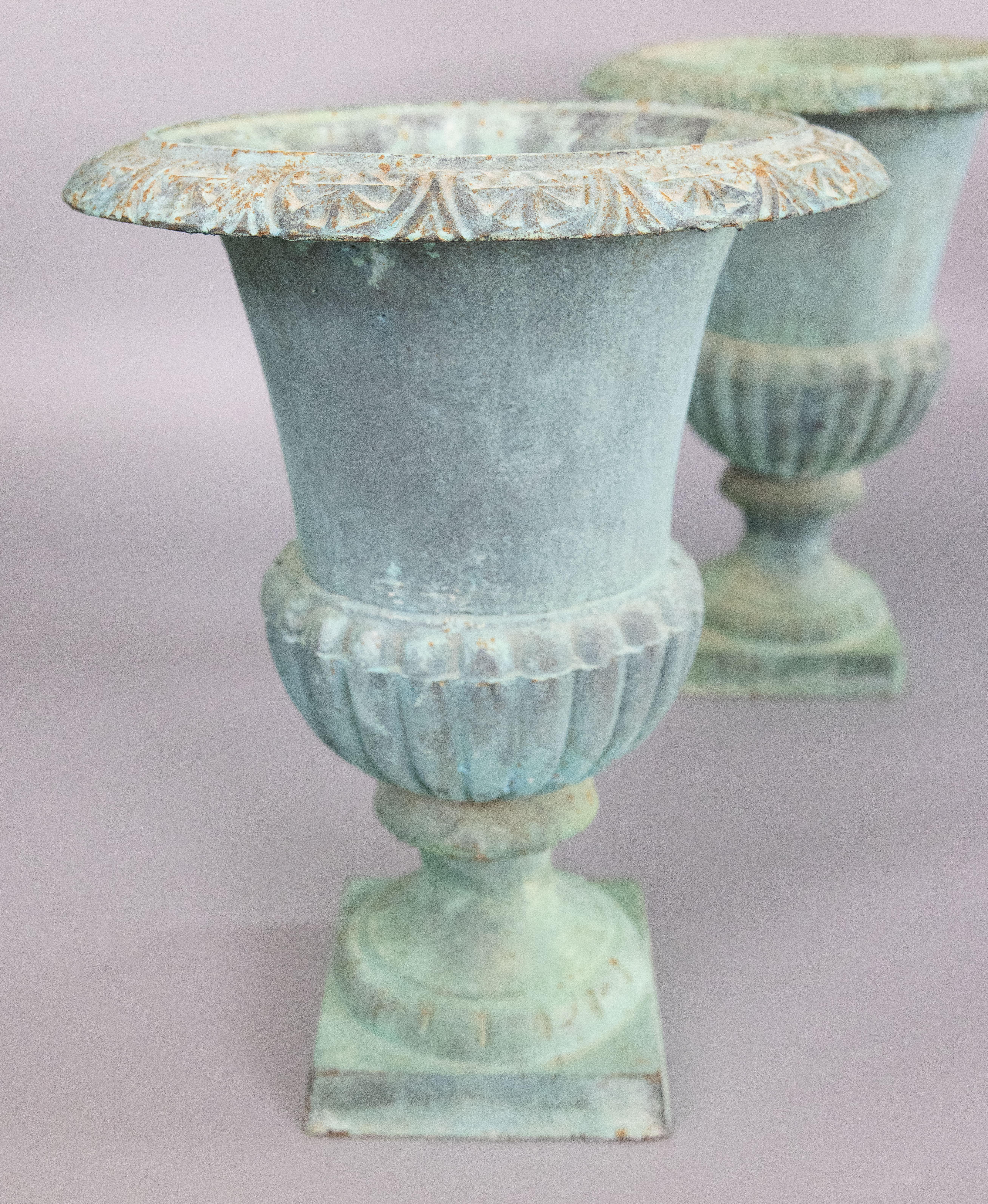 Pair of Vintage French Cast Iron Verdigris Garden Urns Jardinieres Planters In Good Condition In Pearland, TX