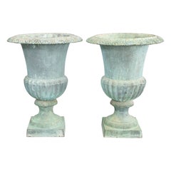 Pair of Vintage French Cast Iron Verdigris Garden Urns Jardinieres Planters