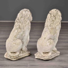Pair of Vintage French Cast Stone Seated Lion Garden Statues