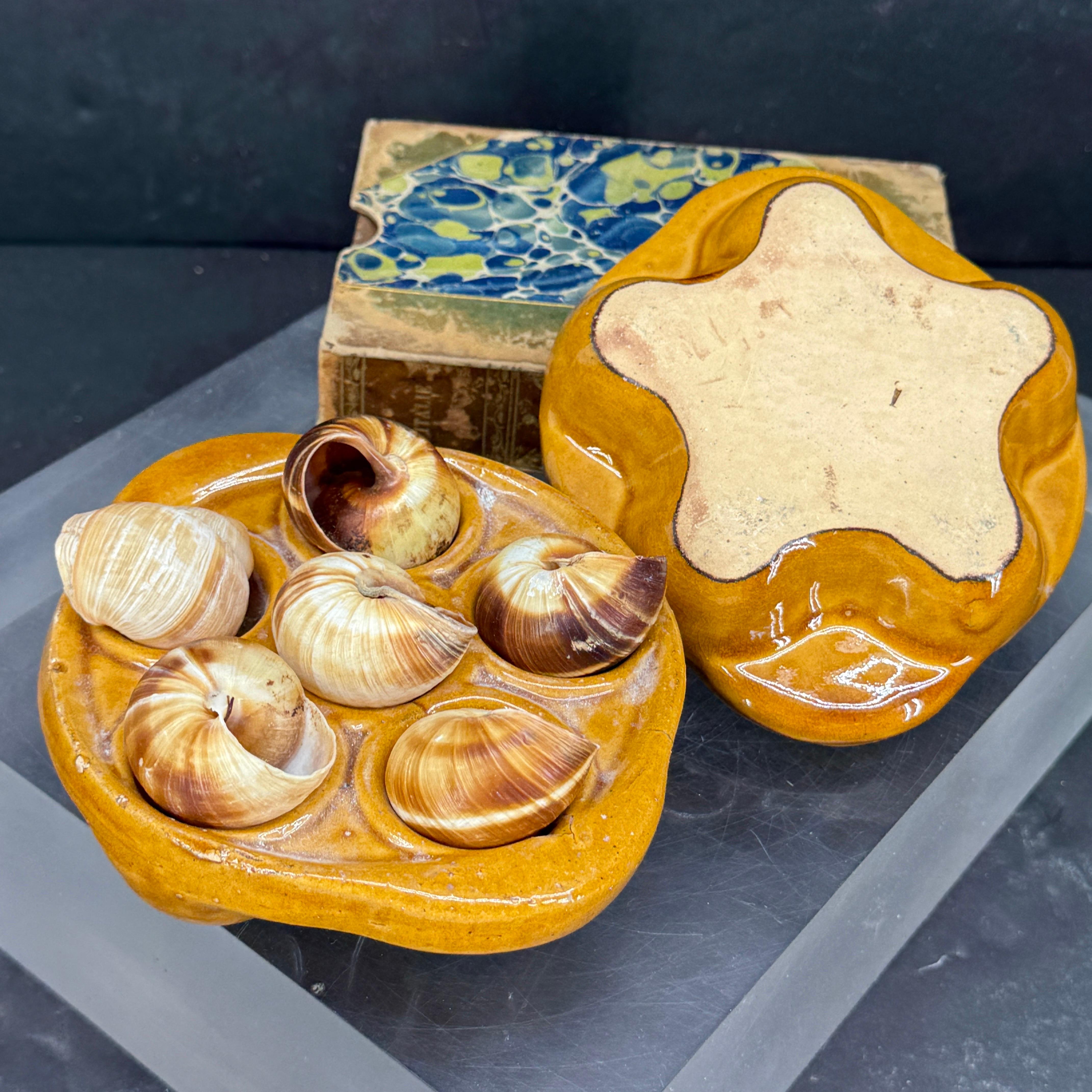 Pair of Vintage French Ceramic Glazed Escargot Dishes Plates For Sale 5