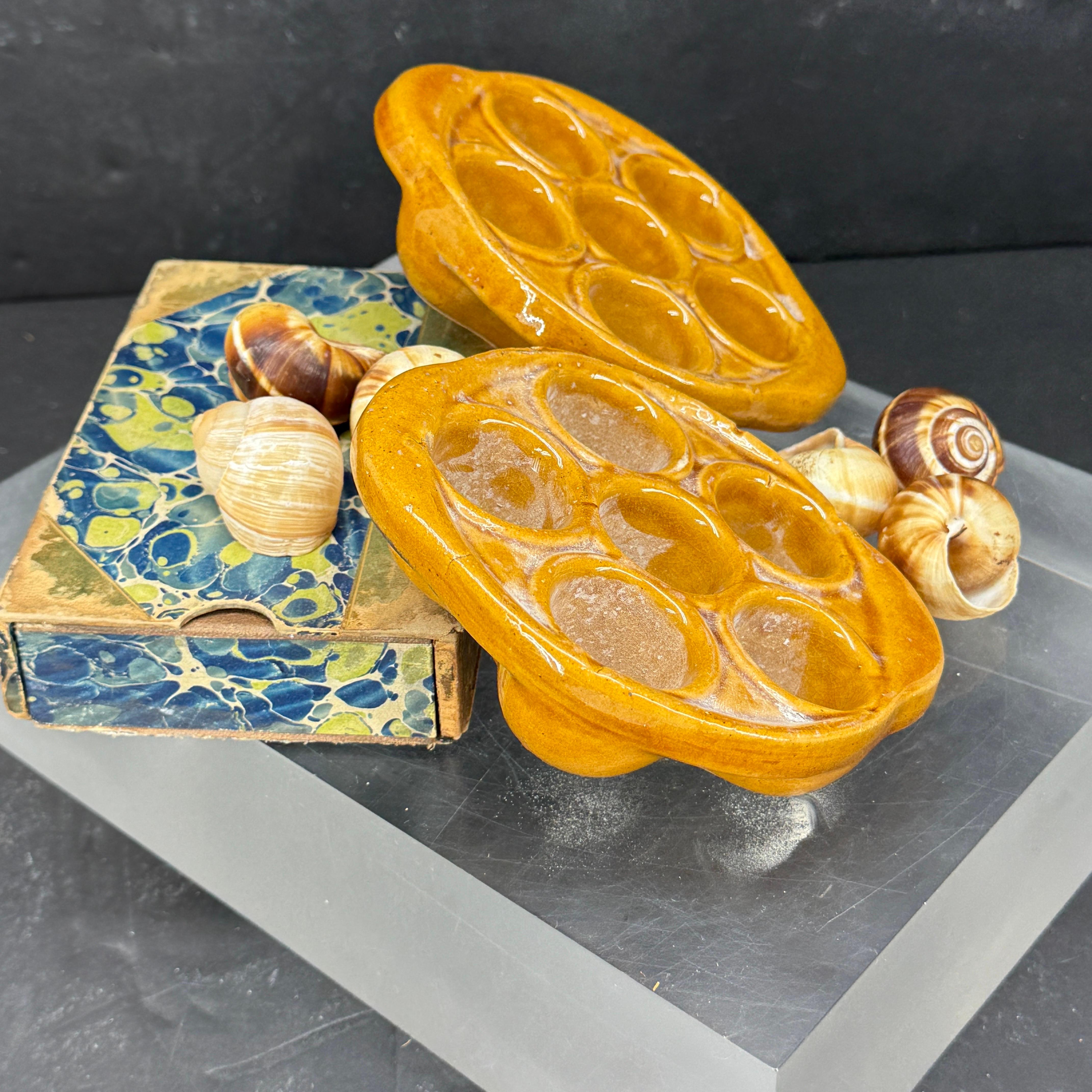 Pair of Vintage French Ceramic Glazed Escargot Dishes Plates For Sale 7