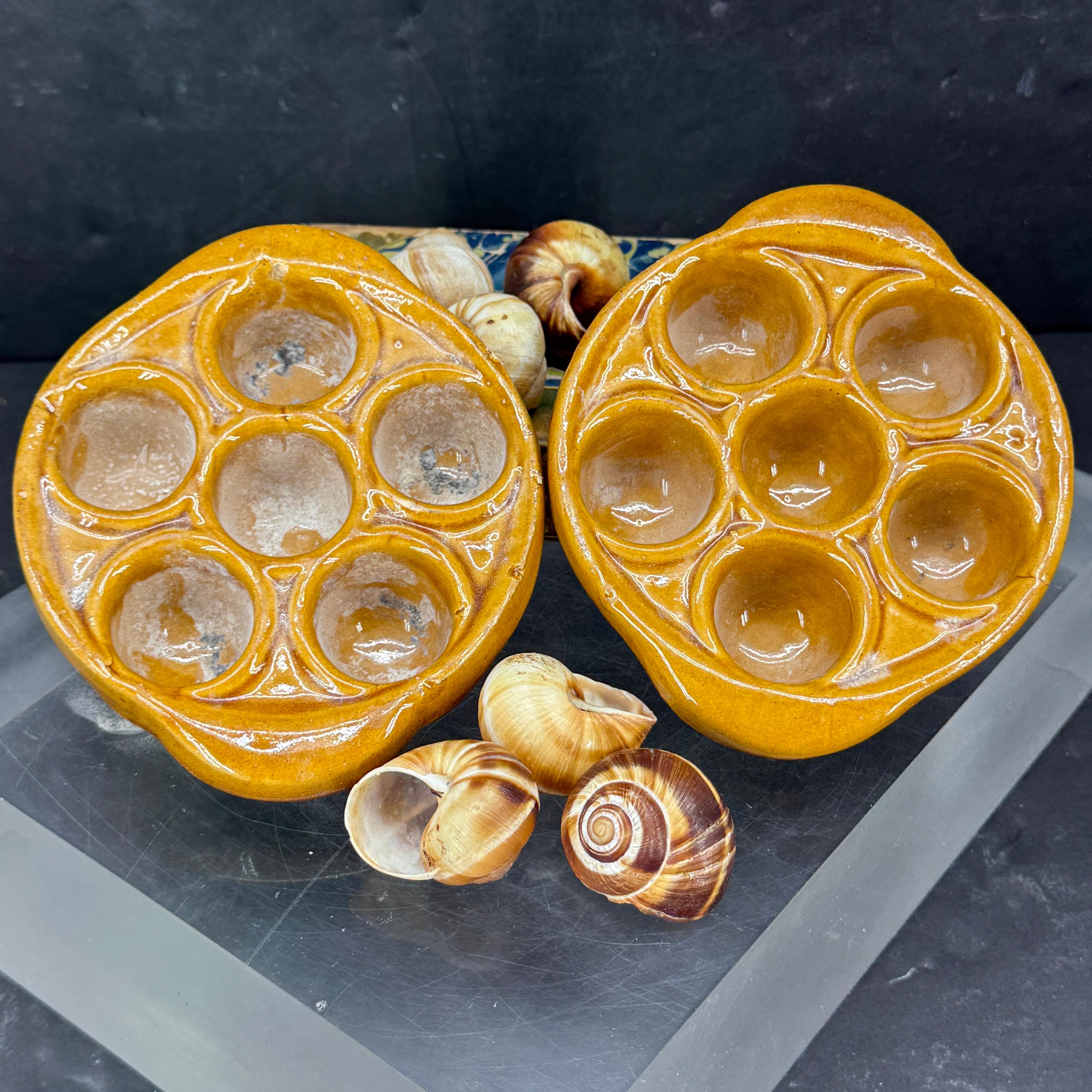 Pair of Vintage French Ceramic Glazed Escargot Dishes Plates For Sale 8
