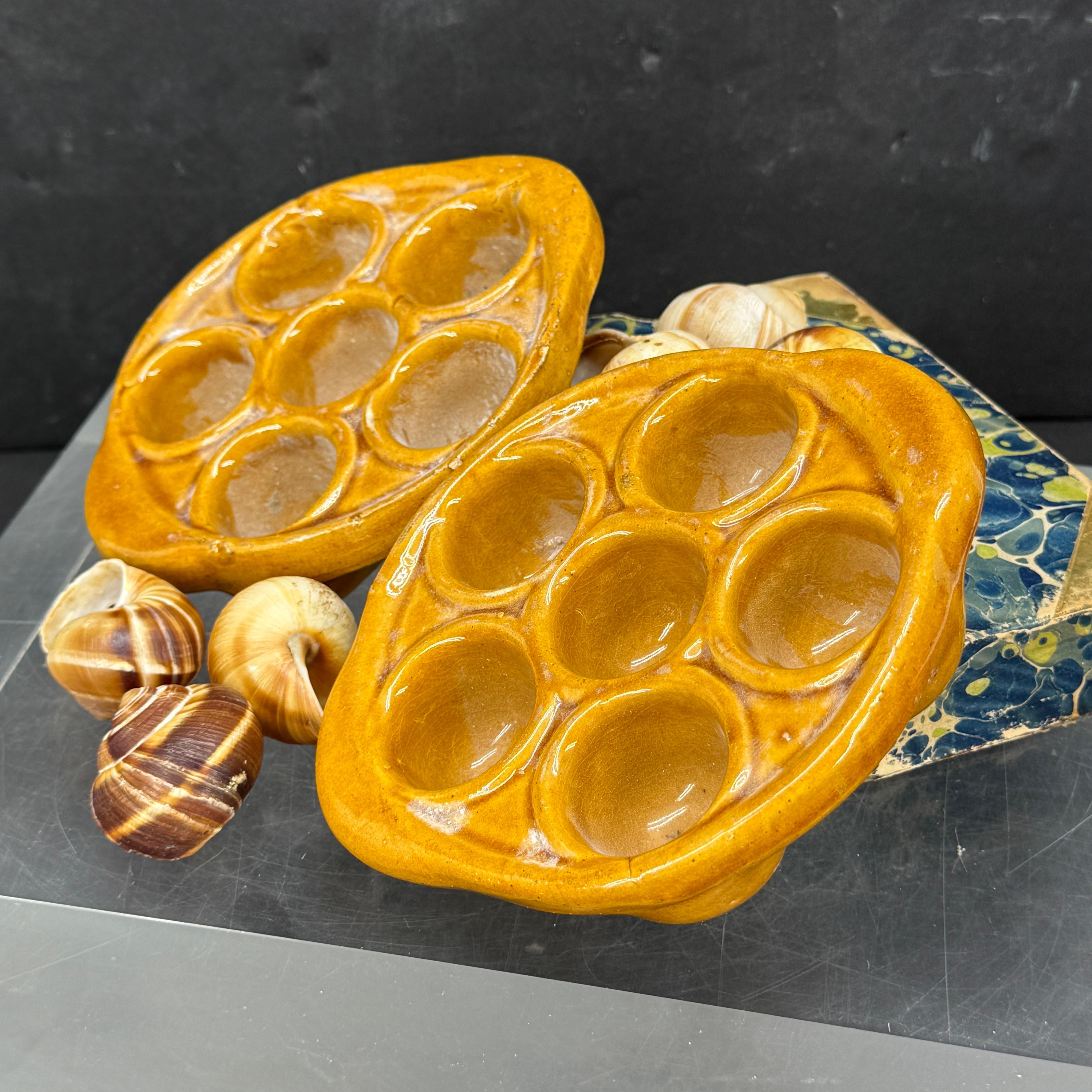 Pair of Vintage French Ceramic Glazed Escargot Dishes Plates For Sale 10