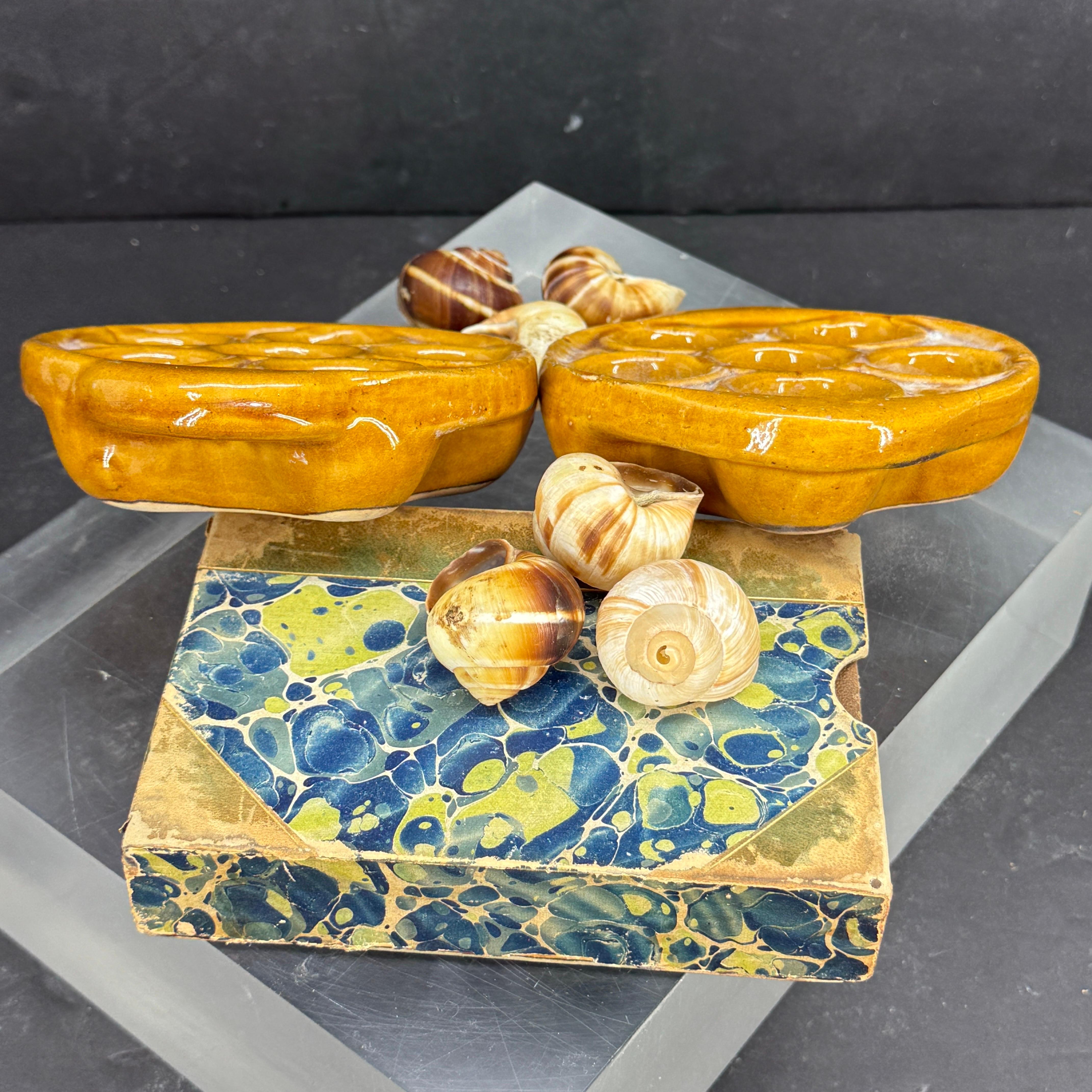 French Provincial Pair of Vintage French Ceramic Glazed Escargot Dishes Plates For Sale