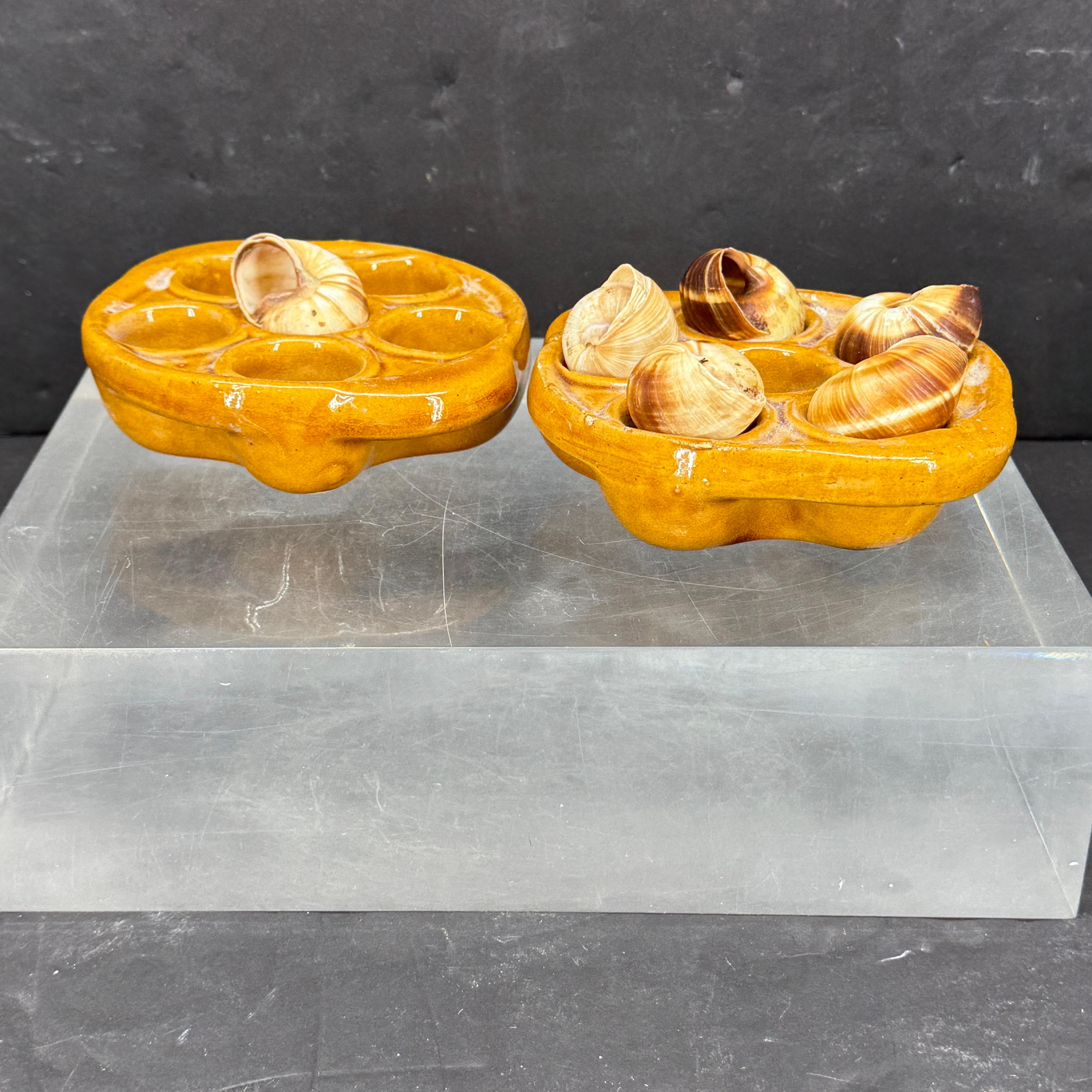 Pair of Vintage French Ceramic Glazed Escargot Dishes Plates In Good Condition For Sale In Haddonfield, NJ