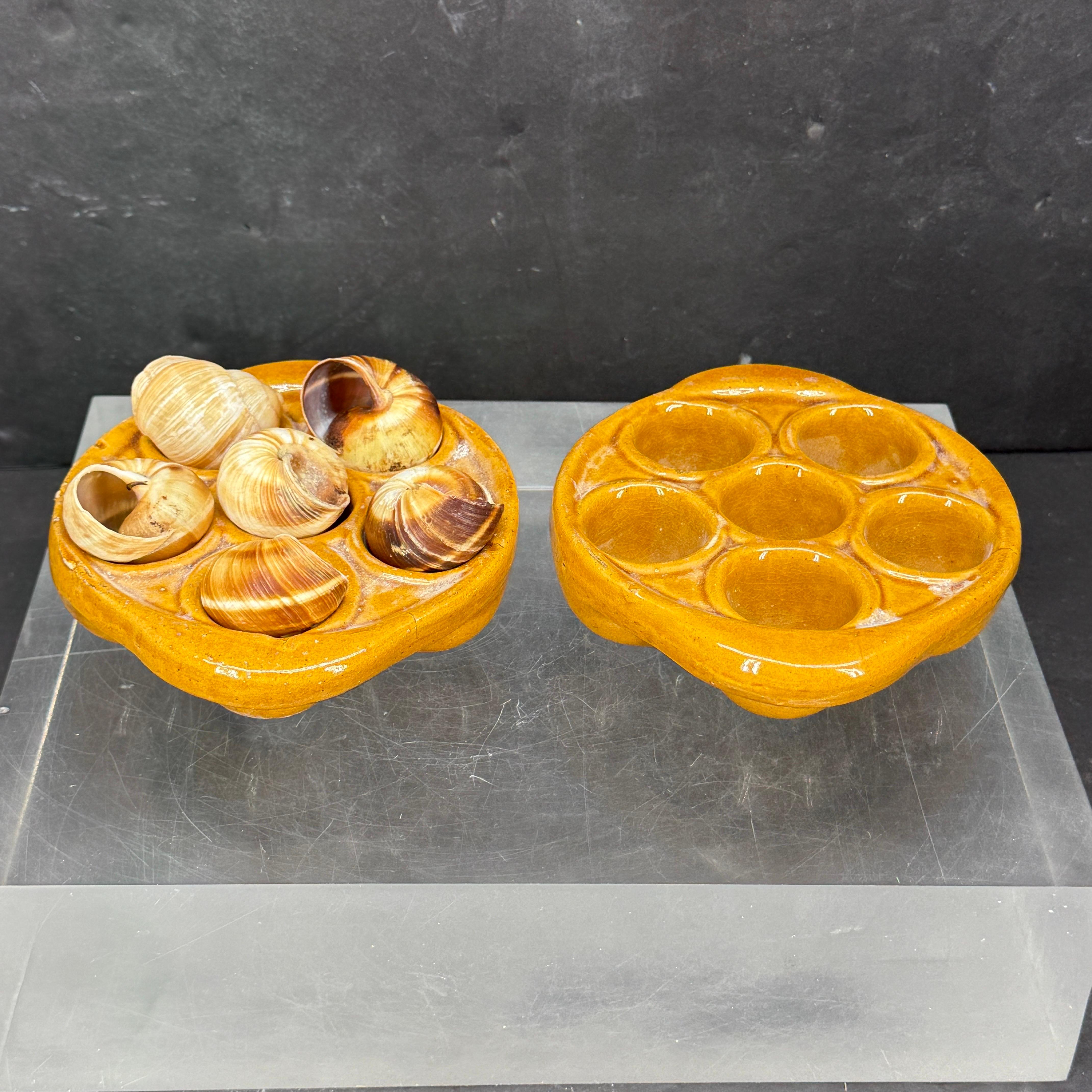 Pair of Vintage French Ceramic Glazed Escargot Dishes Plates For Sale 1