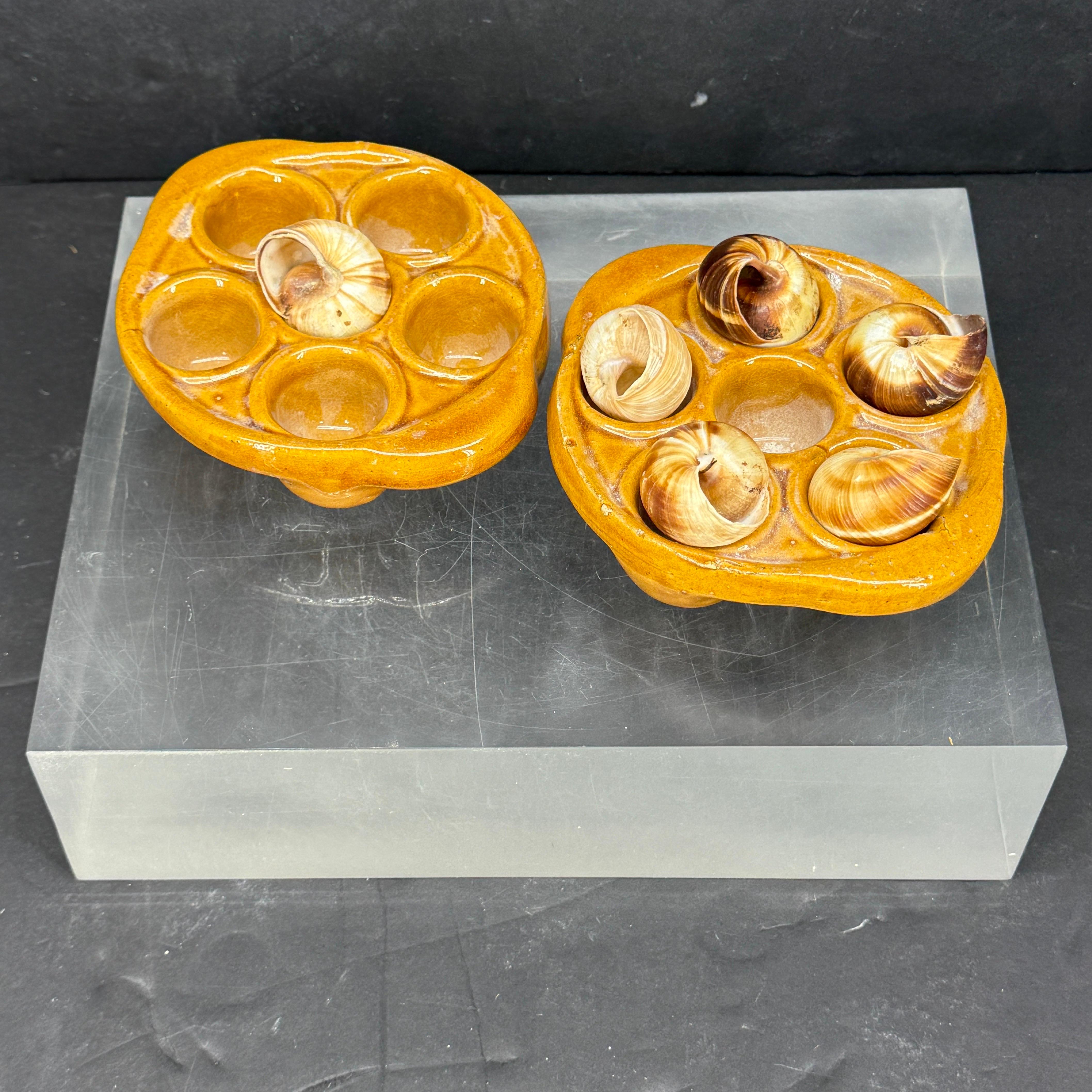 Pair of Vintage French Ceramic Glazed Escargot Dishes Plates For Sale 3