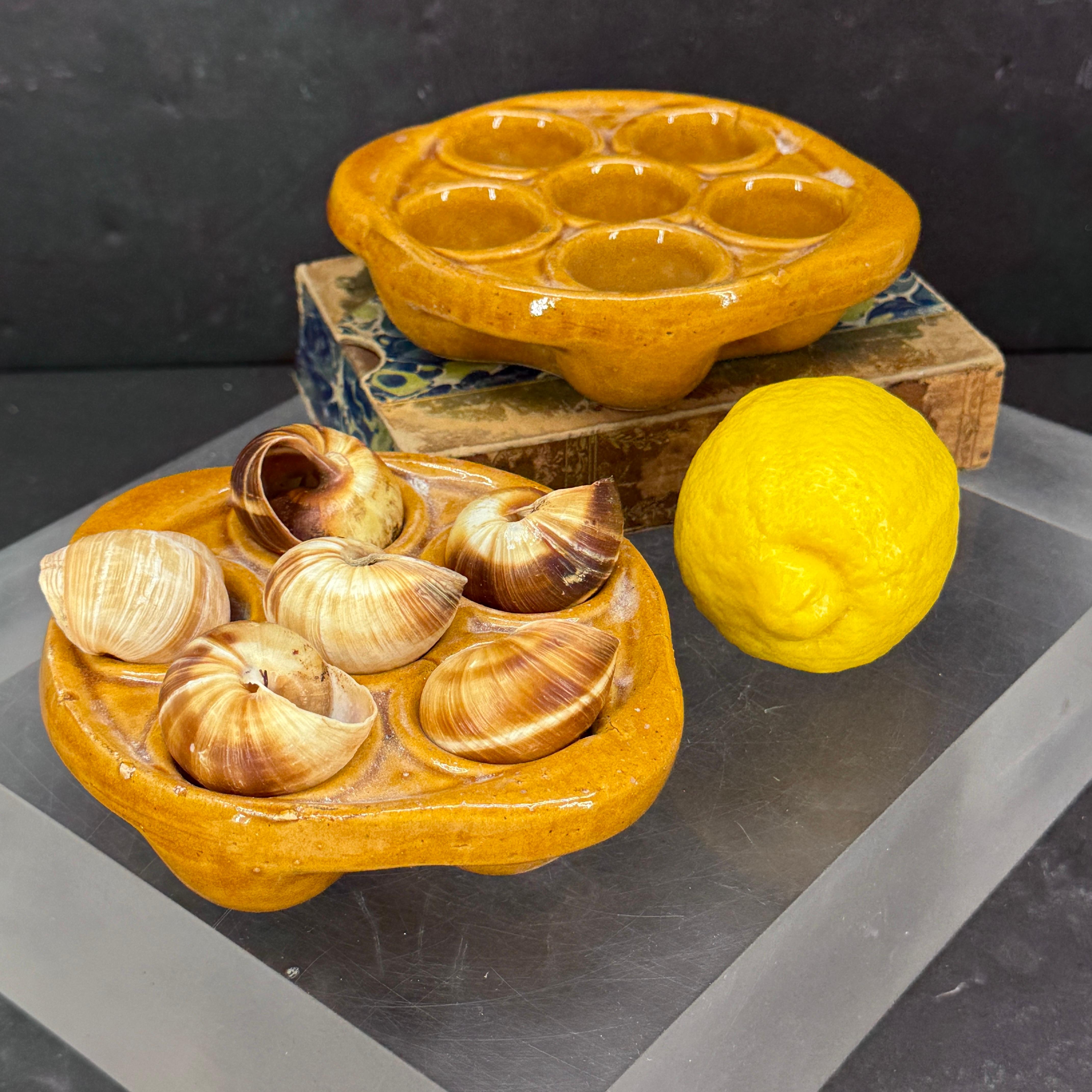 Pair of Vintage French Ceramic Glazed Escargot Dishes Plates For Sale 4