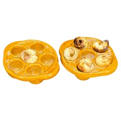 Pair of Vintage French Ceramic Glazed Escargot Dishes Plates
