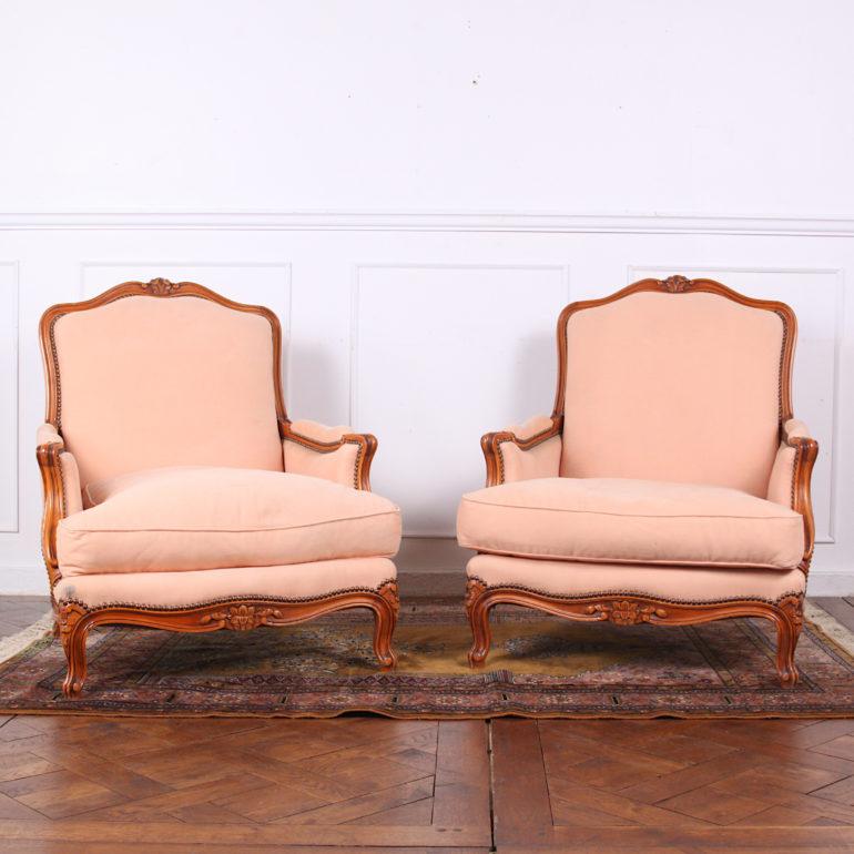 Pair of Vintage French Cherry Bergères Armchairs 1