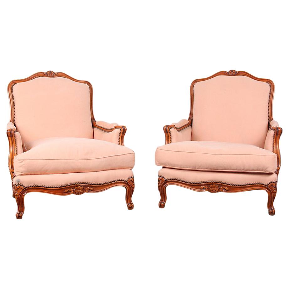 Pair of Vintage French Cherry Bergères Armchairs