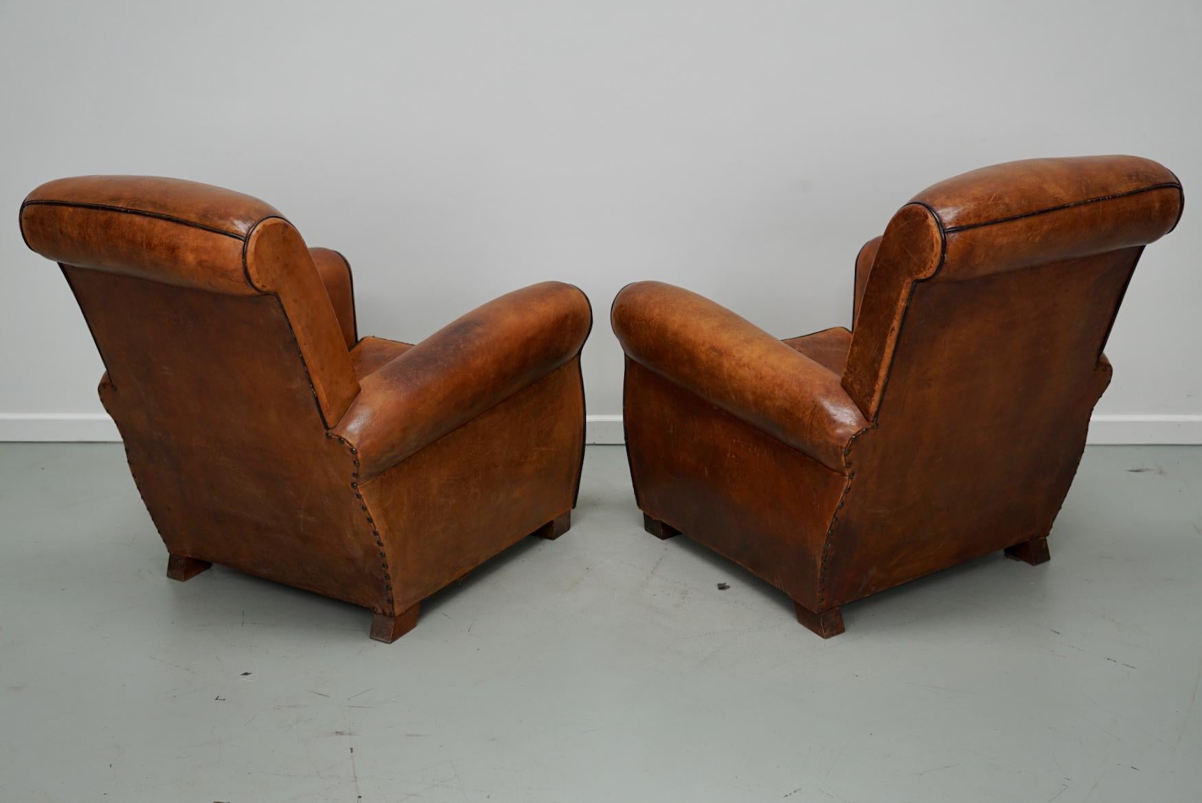  Pair of Vintage French Cognac Leather Club Chairs, Set of 2 5