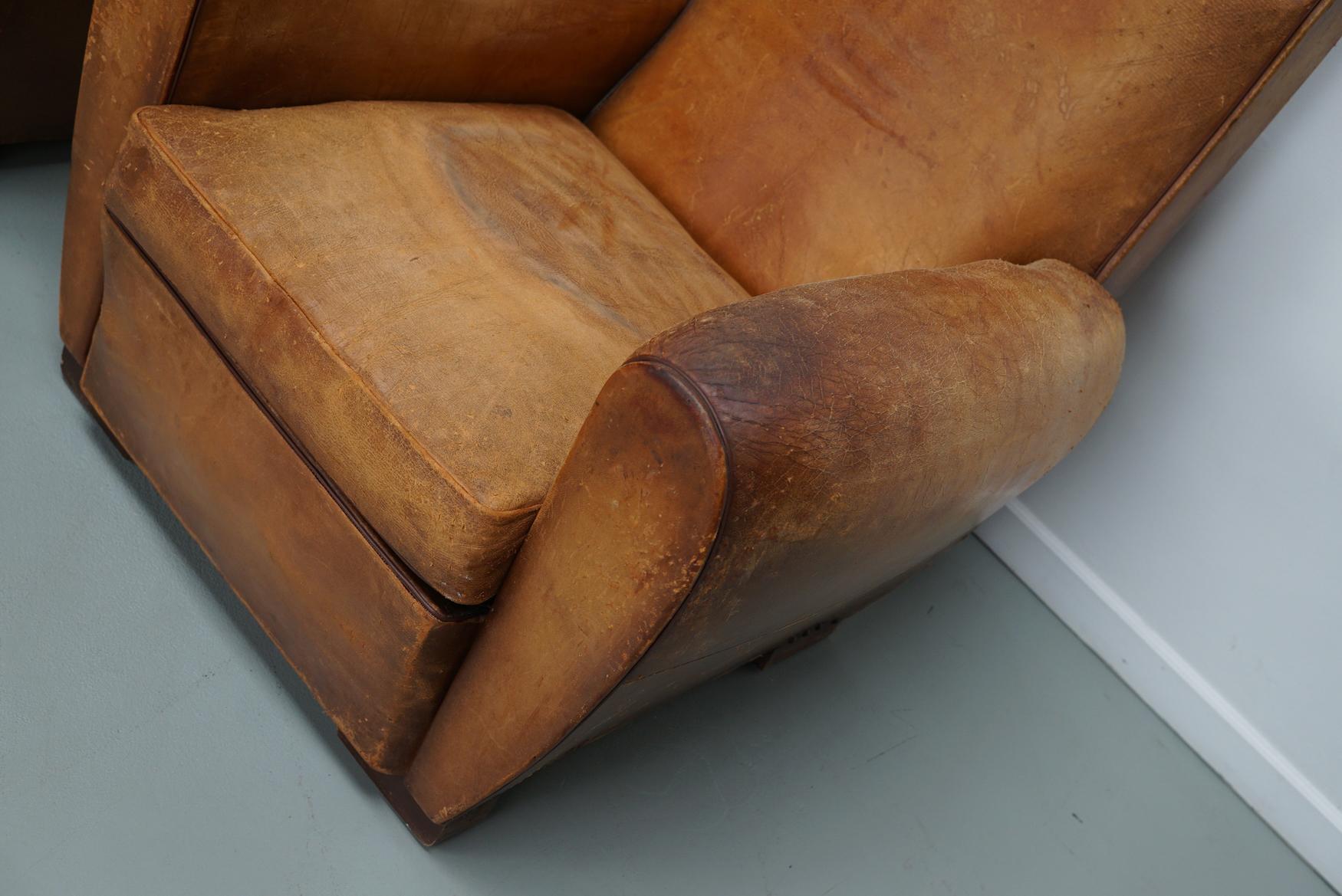 Pair of Vintage French Cognac Leather Club Chairs, Set of 2 6