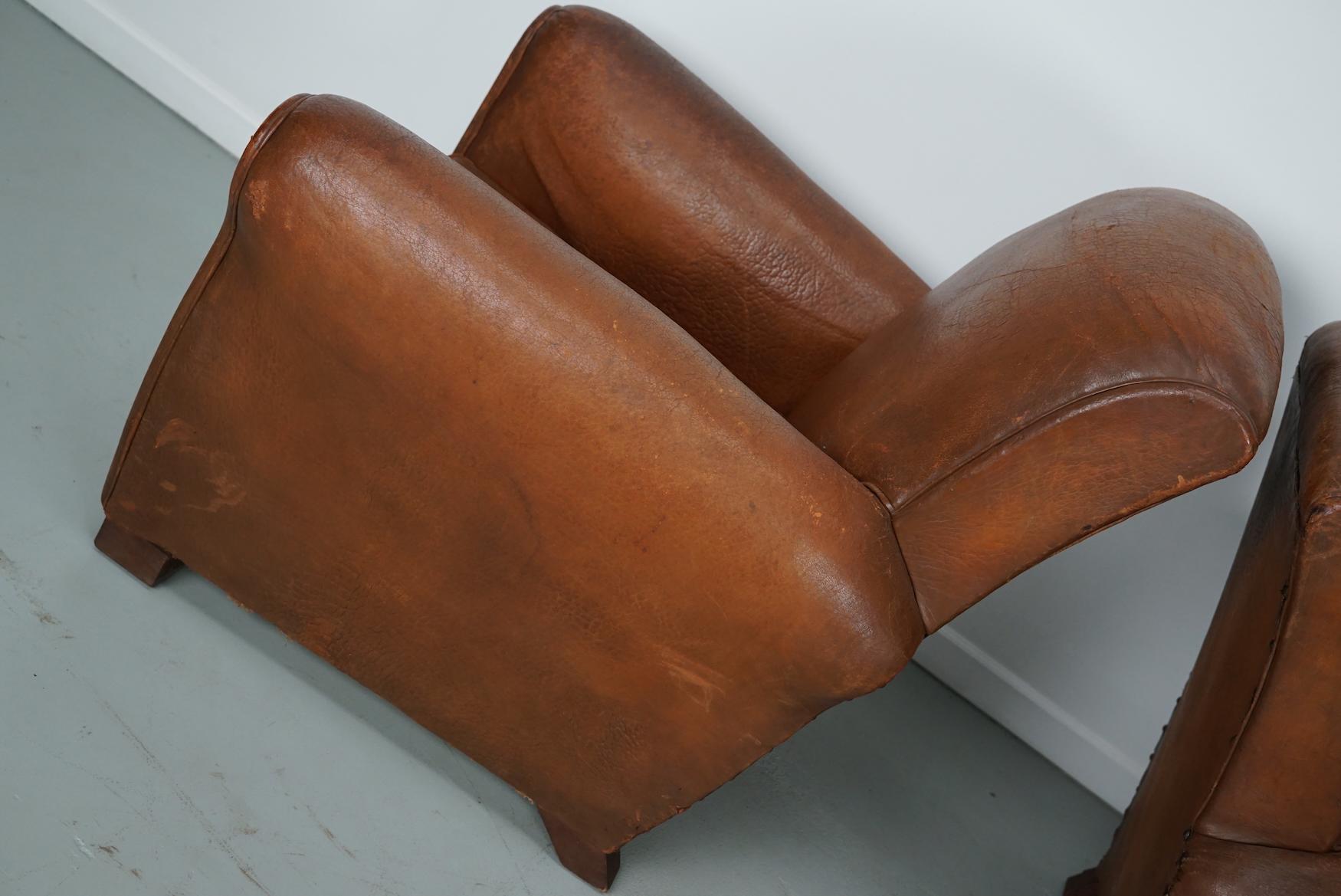 Pair of Vintage French Cognac Leather Club Chairs, Set of 2 For Sale 6
