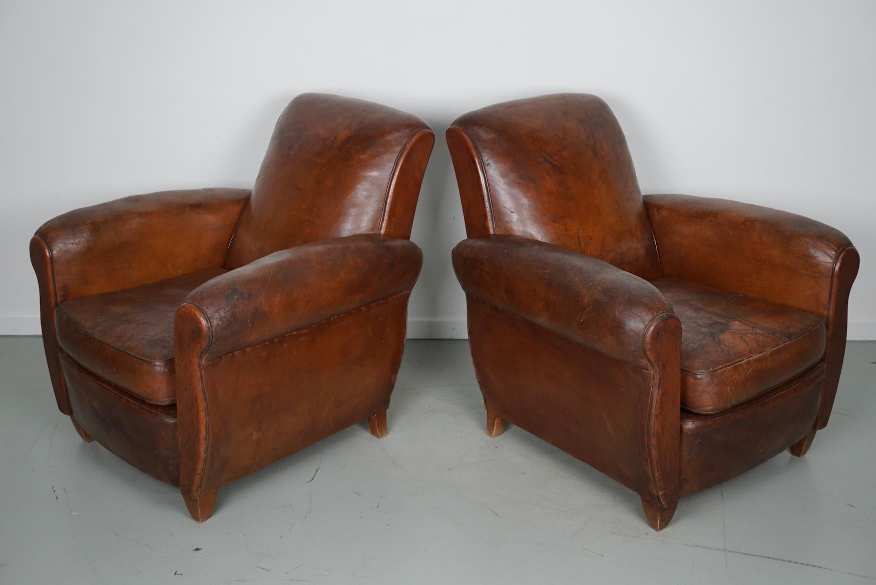 Pair of Vintage French Cognac Leather Club Chairs, Set of 2 6