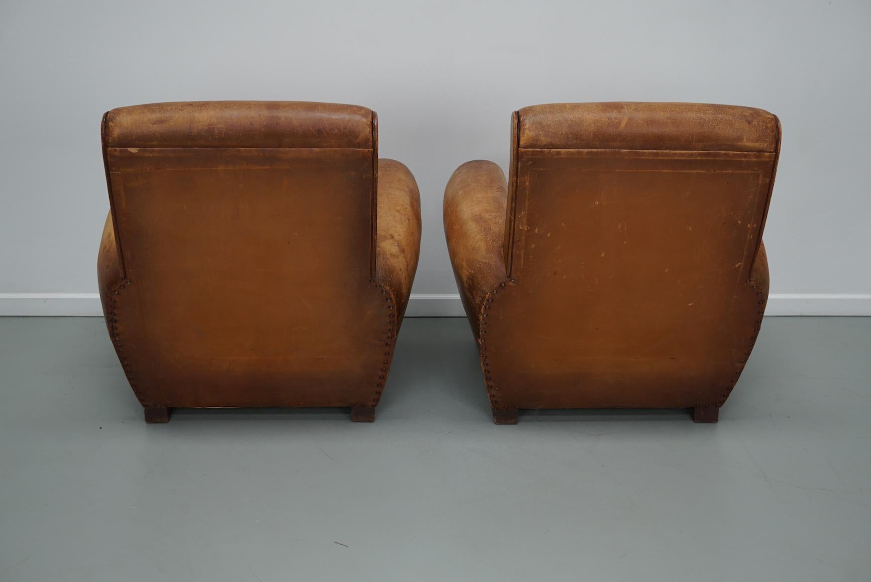 Pair of Vintage French Cognac Leather Club Chairs, Set of 2 7