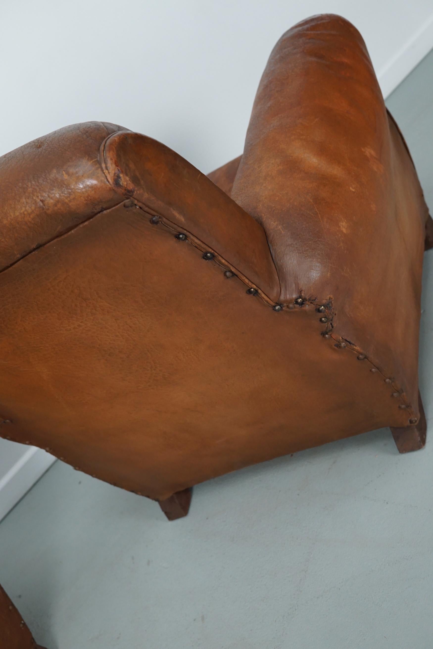 Pair of Vintage French Cognac Leather Club Chairs, Set of 2 For Sale 8